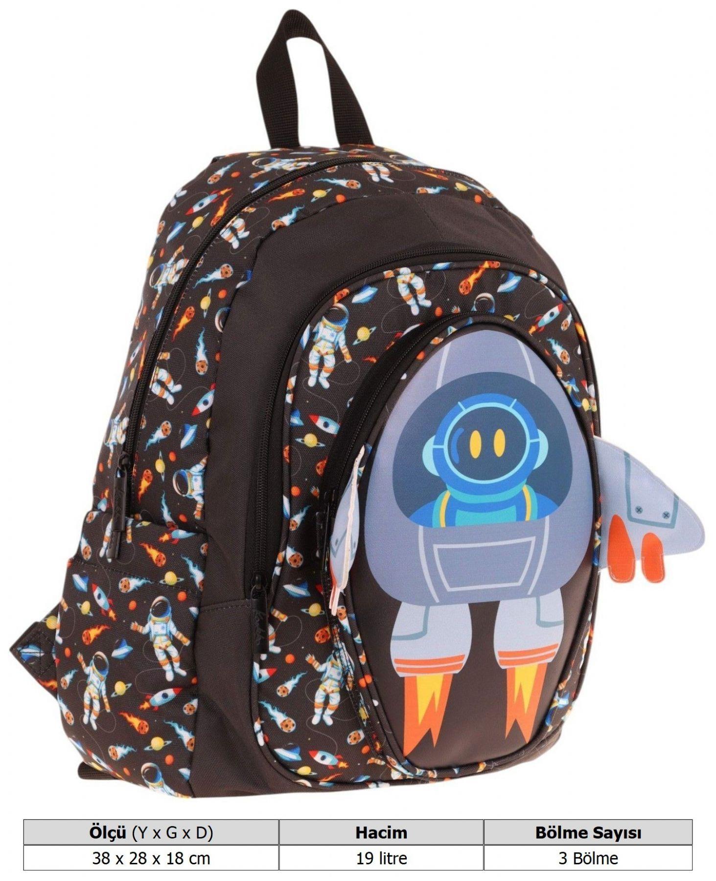 Kaukko Kids Üç Gözlü (Erkek Çocuk) Okul Sırt Çantası (3D Roket Detaylı) - L5264