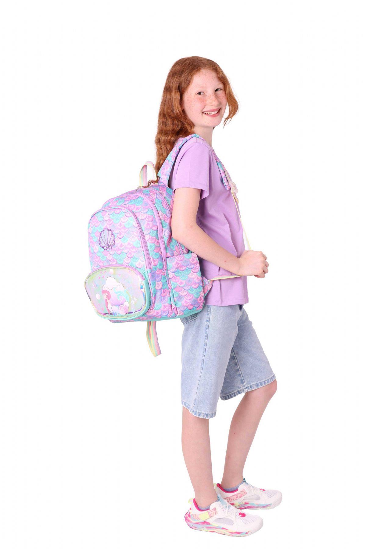 Kaukko Kids Üç Gözlü (Kız Çocuk) Okul Sırt Çantası (Denizkızı Nakışlı ve Baskılı) - L5225