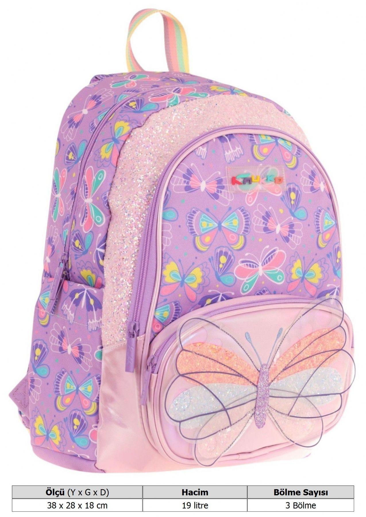 Kaukko Kids Üç Gözlü (Kız Çocuk) Okul Sırt Çantası (Nakışlı Kelebek Desenli) - L5222