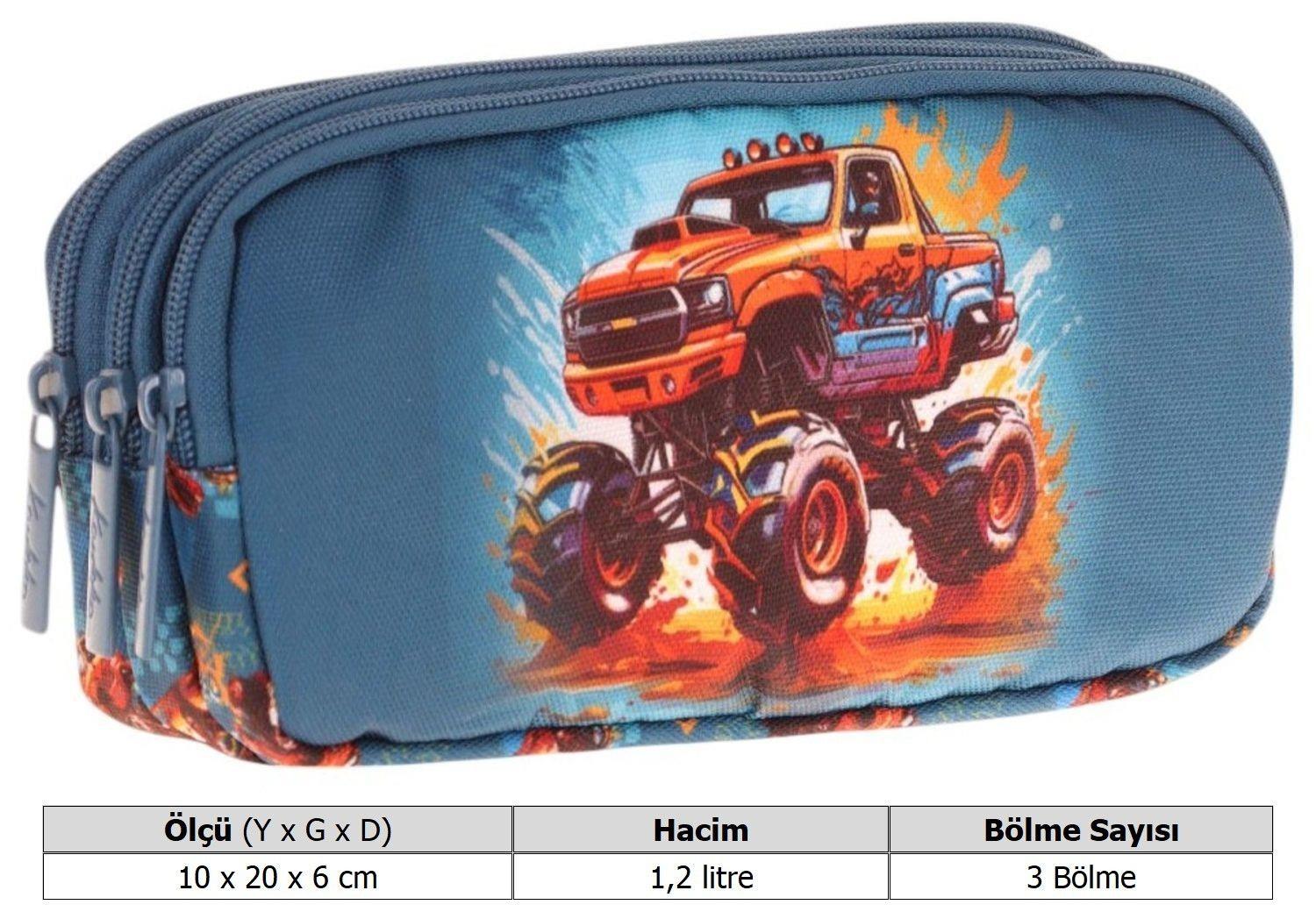 Kaukko Kids Yeşil Kırmızı, Arazi Aracı, Erkek Çocuk Üç Bölmeli Kalemlik/Kalem Çantası - L8282