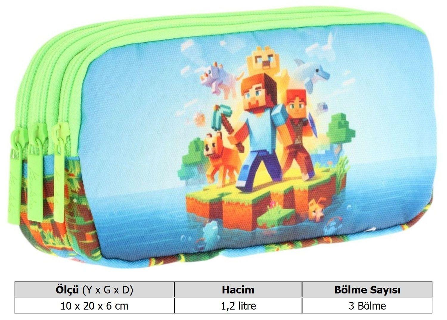 Kaukko Kids Yeşil Mavi, Craft Temalı, Erkek Çocuk Üç Bölmeli Kalemlik/Kalem Çantası - L8280