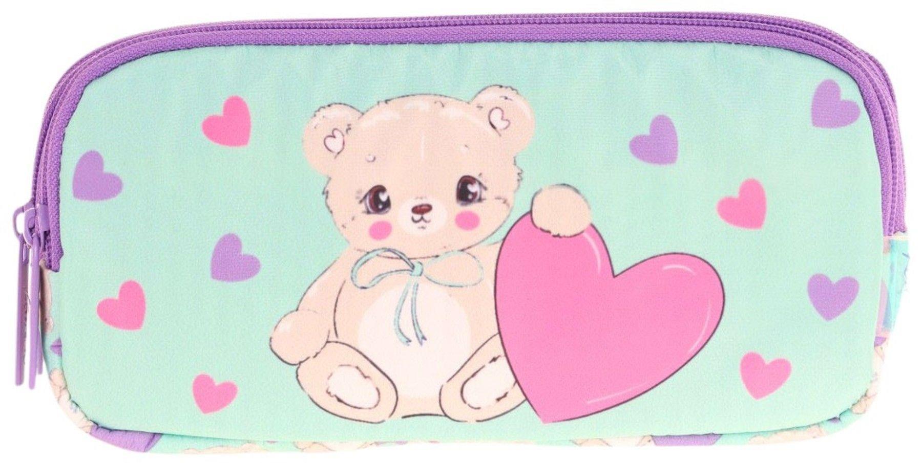 Kaukko Kids Yeşil Mor, Sevimli Ayıcık, Kız Çocuk Üç Gözlü Okul Kalem Çantası - L8239