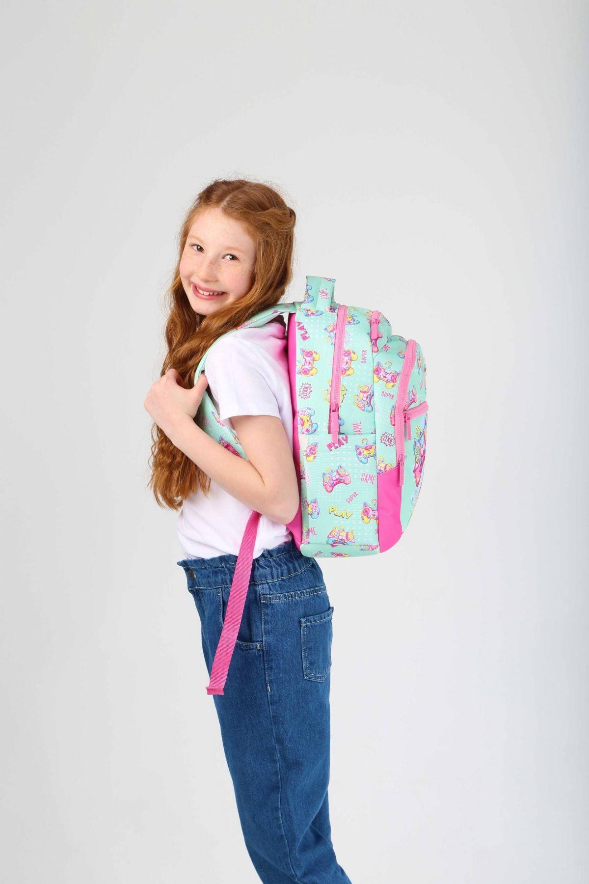 Kaukko Kids Yeşil Pembe Oyun Konsolu Kız Çocuk Okul Sırt Çantası