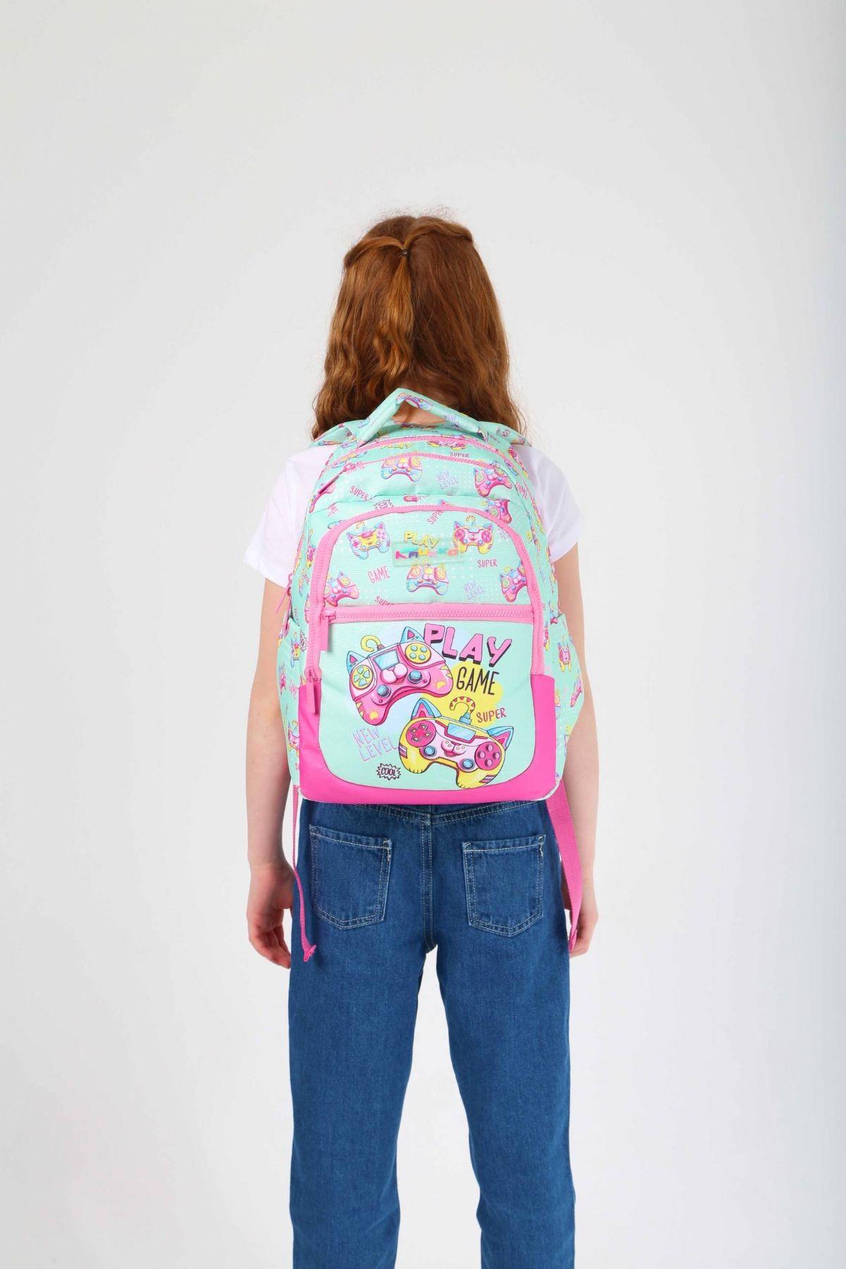Kaukko Kids Yeşil Pembe Oyun Konsolu Kız Çocuk Okul Sırt Çantası