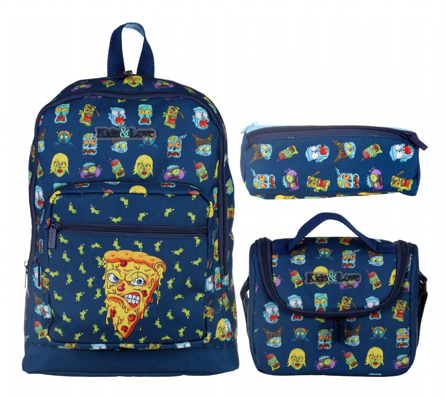 Kaukko Kids&Love Lacivert Zombie Pizza İlkokul Çanta Seti - Erkek