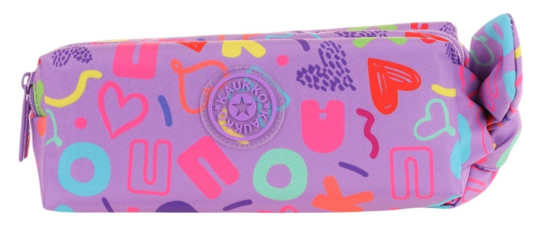 Kaukko Kız Çocuk İki Bölmeli Mor Kaukko Kalp Baskılı Kalem Çantası/Kalemlik - K2695