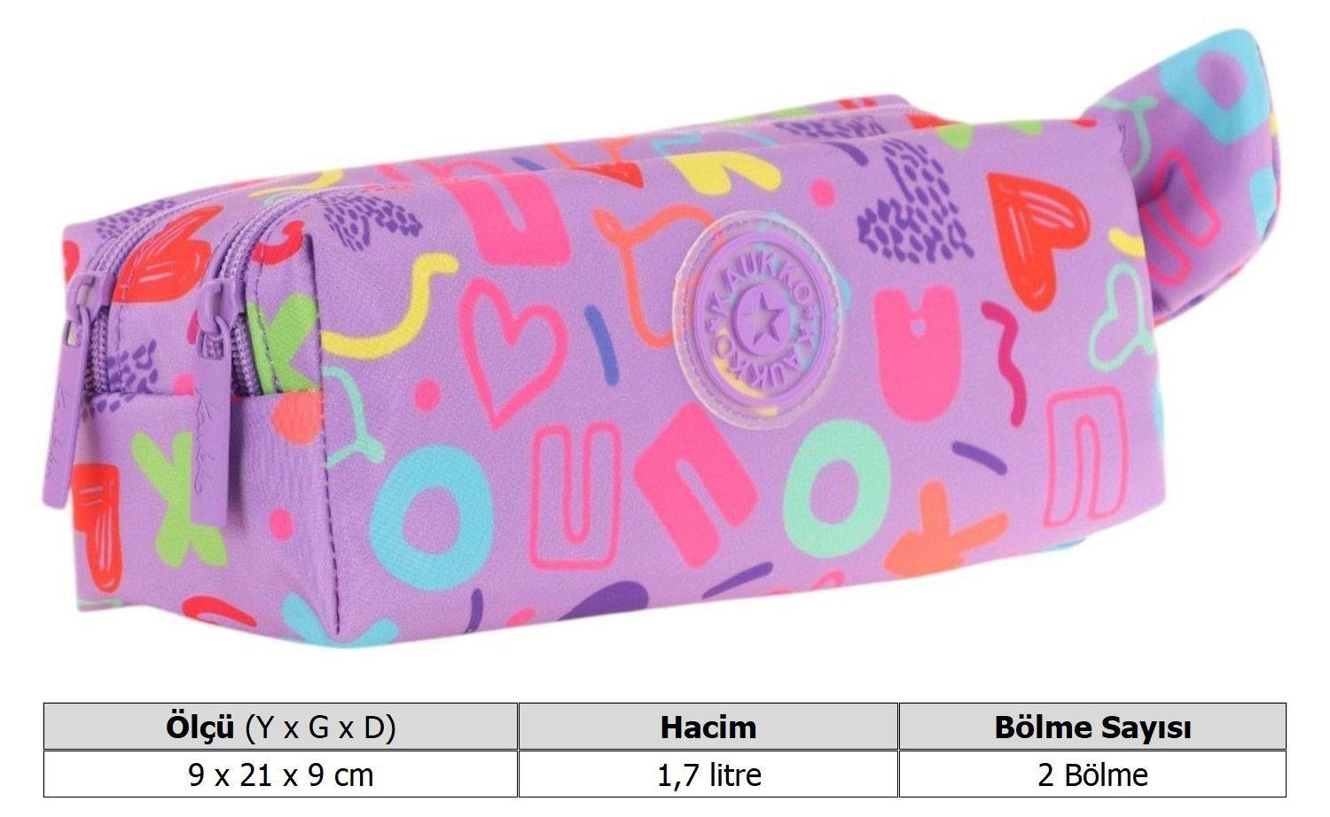 Kaukko Kız Çocuk İki Bölmeli Mor Kaukko Kalp Baskılı Kalem Çantası/Kalemlik - K2695