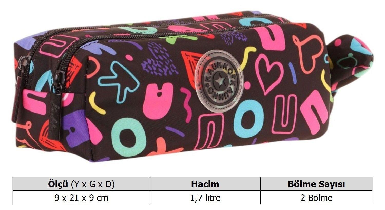 Kaukko Kız Çocuk İki Bölmeli Siyah Kaukko Kalp Baskılı Kalem Çantası/Kalemlik - K2692