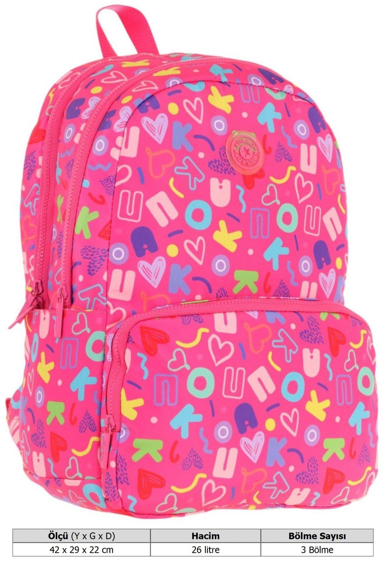 Kaukko Kız Çocuk Kalp ve Kaukko Baskılı Pembe Okul Çantası - Üç Bölmeli - K1783