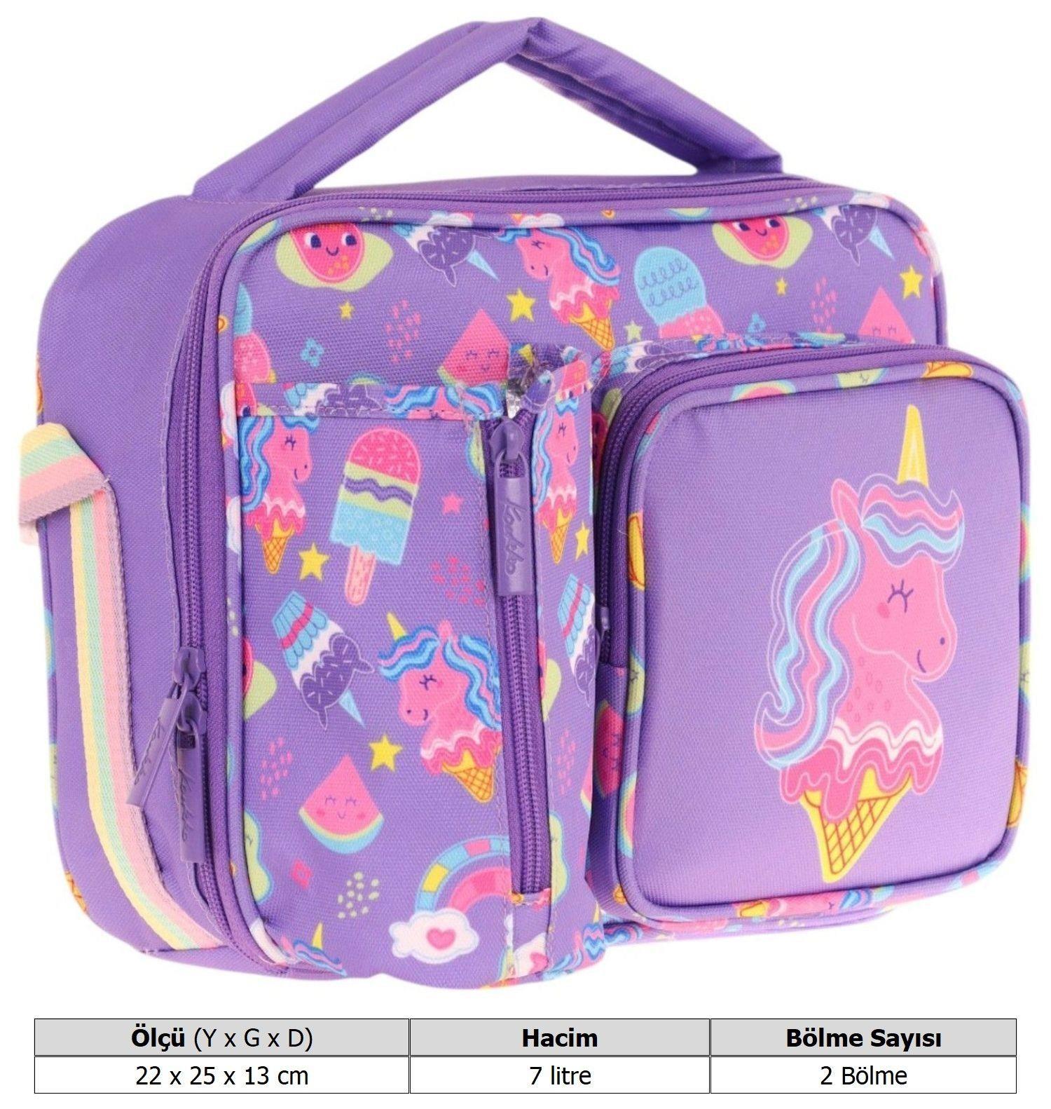 Kaukko Kız Çocuk, Lila Pembe, Unicorn Desenli Isı Yalıtımlı Üç Bölmeli (Matara Cepli) Okul Beslenme Çantası L7224