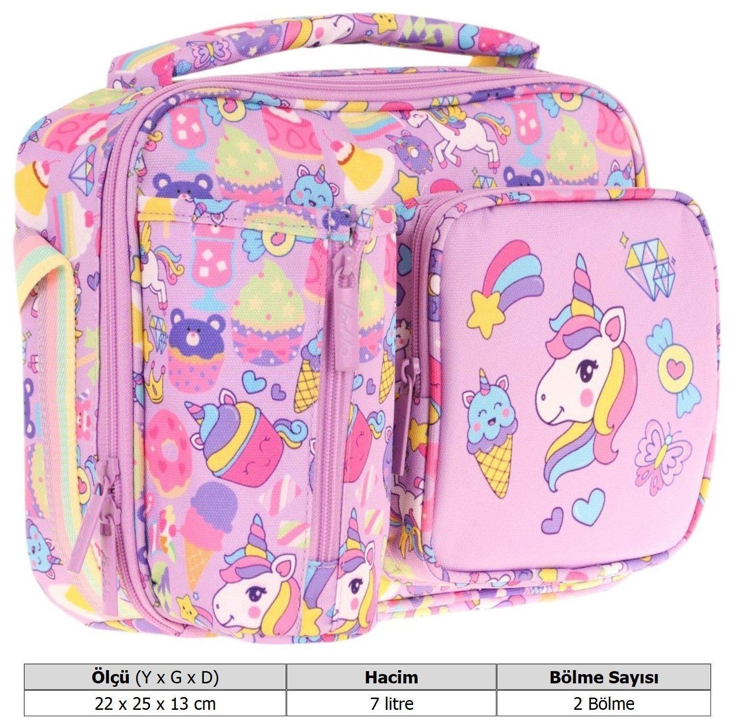 Kaukko Kız Çocuk, Lila, Unicorn Desenli Isı Yalıtımlı Üç Bölmeli (Matara Cepli) Okul Beslenme Çantası L7215