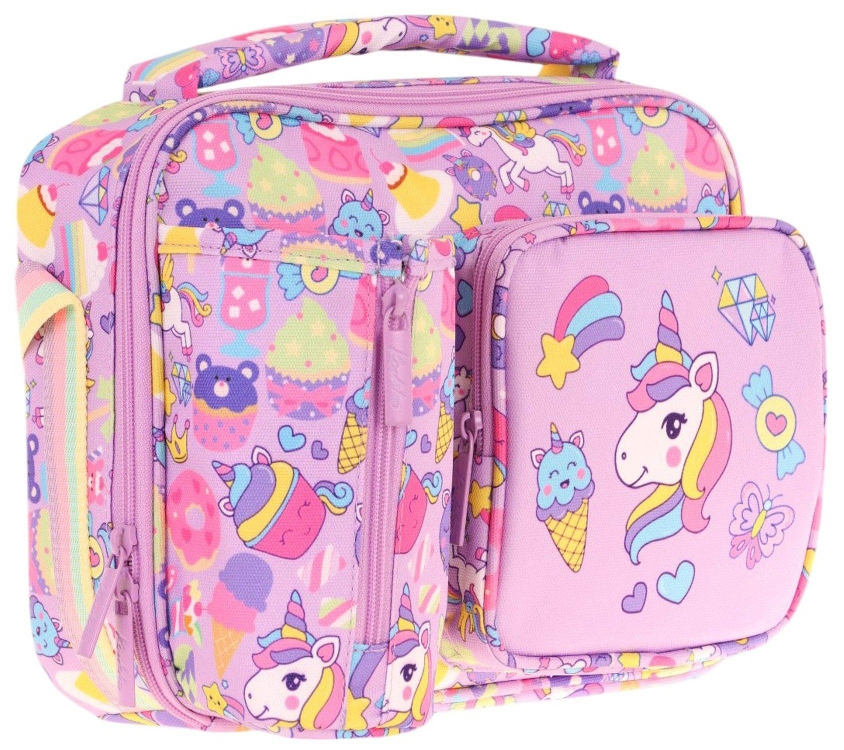 Kaukko Kız Çocuk, Lila, Unicorn Desenli Isı Yalıtımlı Üç Bölmeli (Matara Cepli) Okul Beslenme Çantası L7215