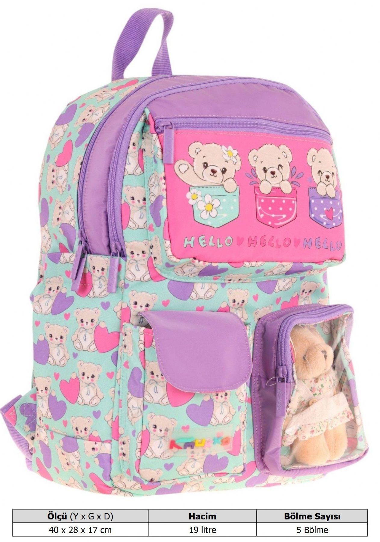 Kaukko Kız Çocuk Peluş Ayıcıklı İlkokul Okul Sırt Çantası - Yeşil Mor - L5239