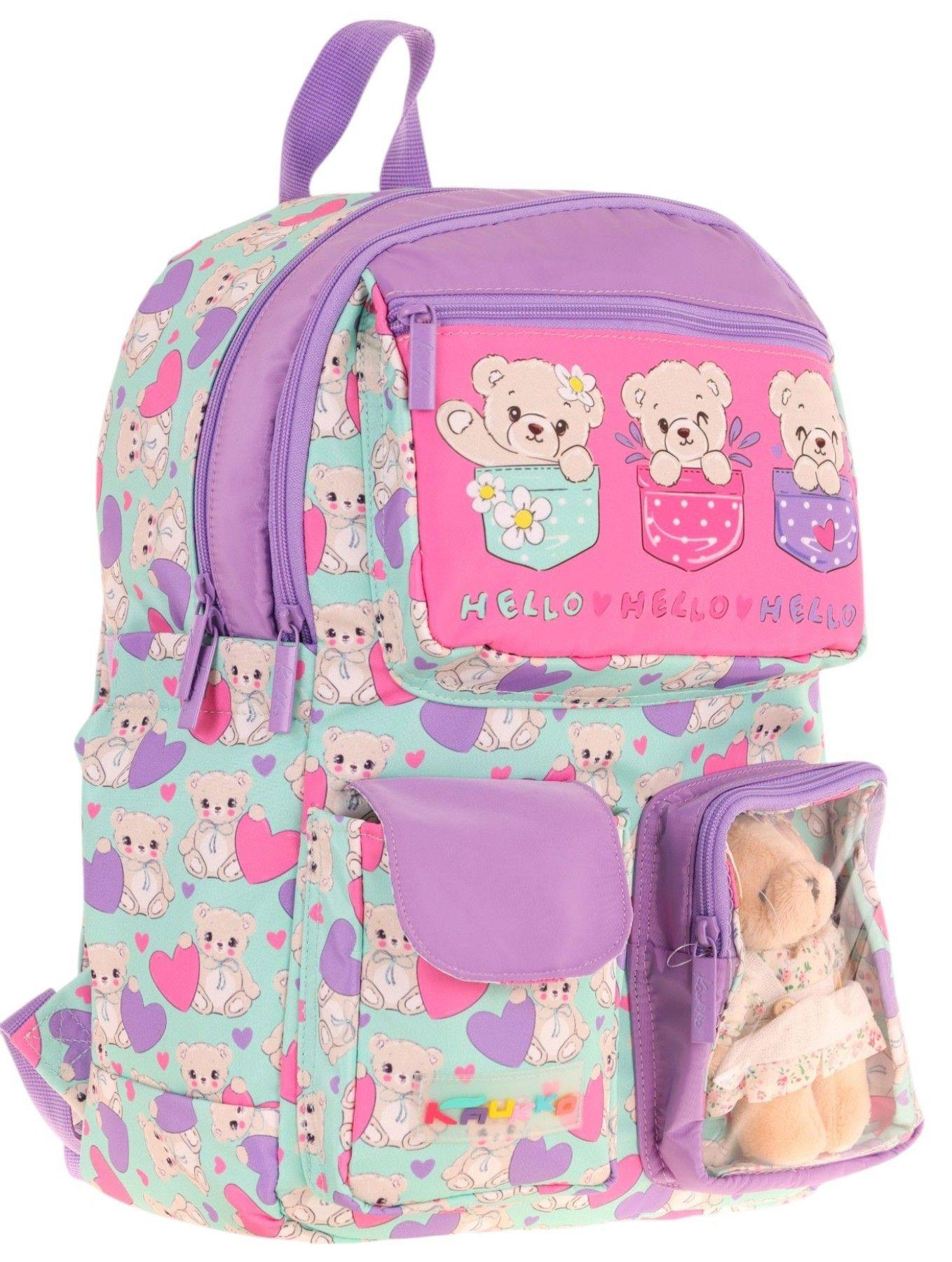 Kaukko Kız Çocuk Peluş Ayıcıklı İlkokul Okul Sırt Çantası - Yeşil Mor - L5239
