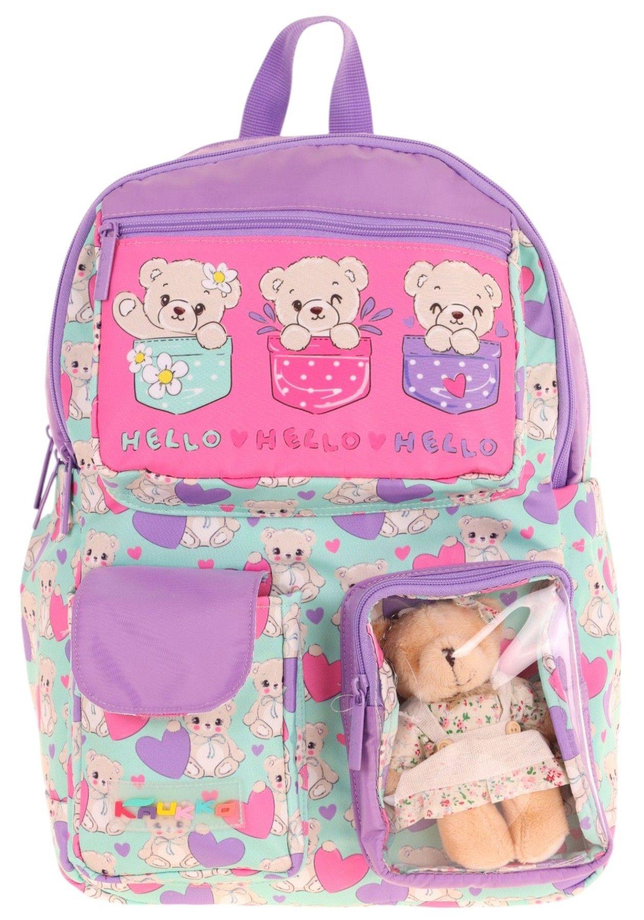 Kaukko Kız Çocuk Peluş Ayıcıklı İlkokul Okul Sırt Çantası - Yeşil Mor - L5239