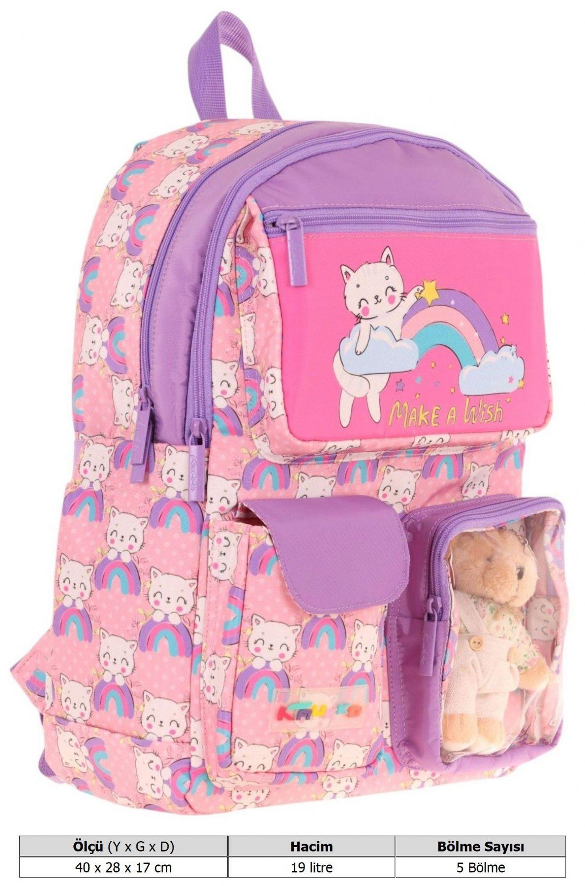 Kaukko Kız Çocuk Peluş Kedili İlkokul Okul Sırt Çantası - Pembe Mor - L5241