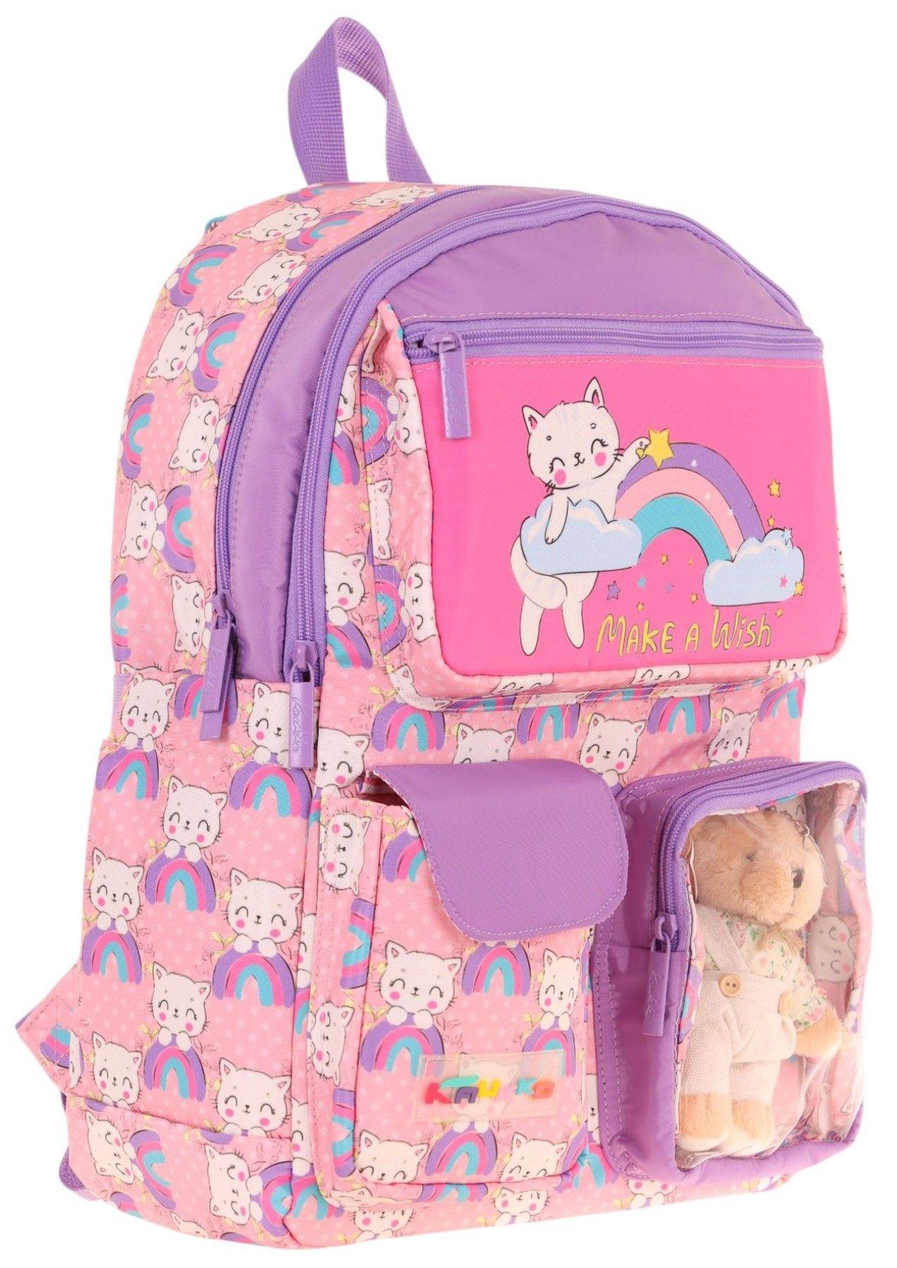 Kaukko Kız Çocuk Peluş Kedili İlkokul Okul Sırt Çantası - Pembe Mor - L5241