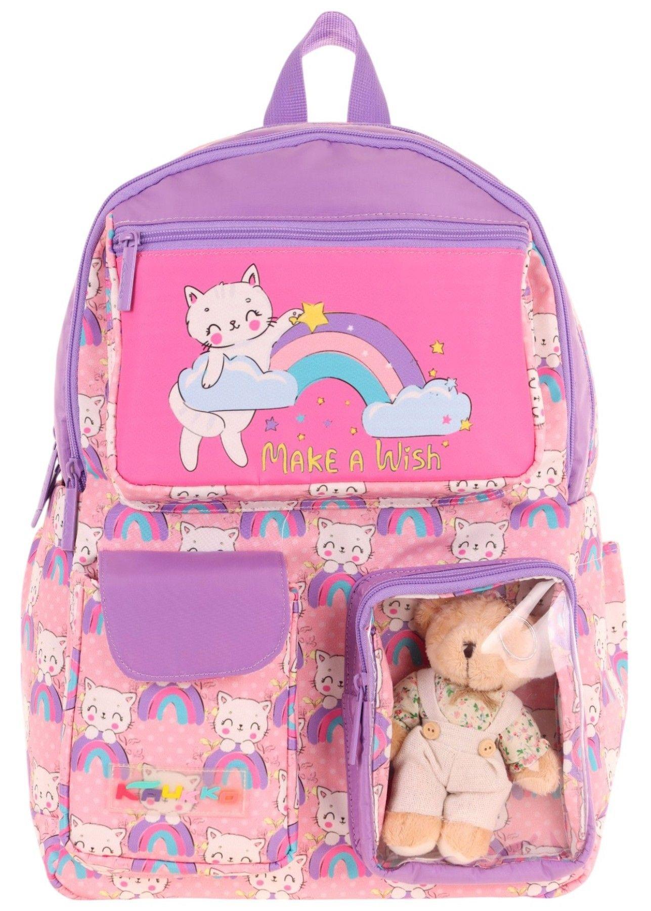 Kaukko Kız Çocuk Peluş Kedili İlkokul Okul Sırt Çantası - Pembe Mor - L5241