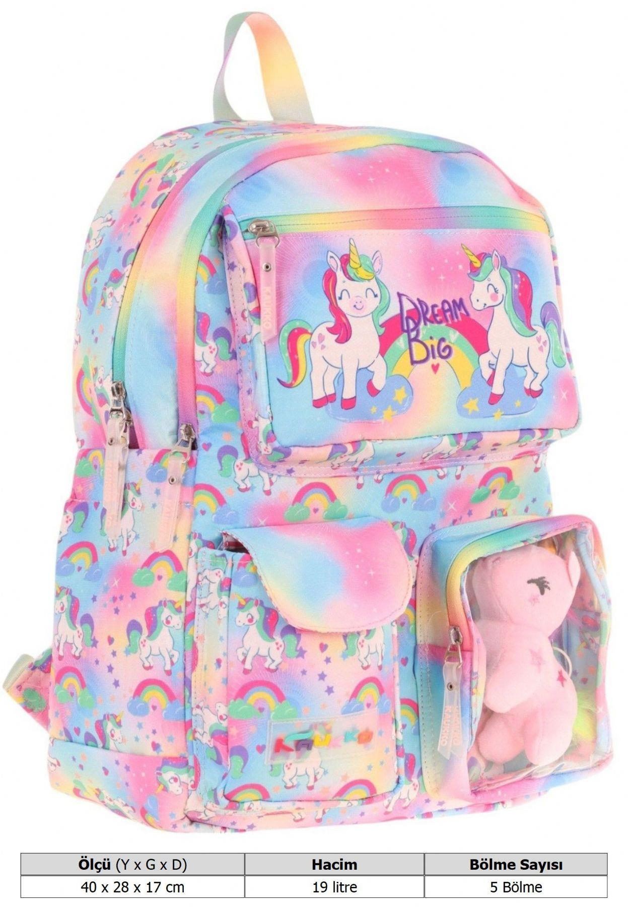 Kaukko Kız Çocuk Peluş Unicornlu İlkokul Okul Sırt Çantası - Pembe - L5243