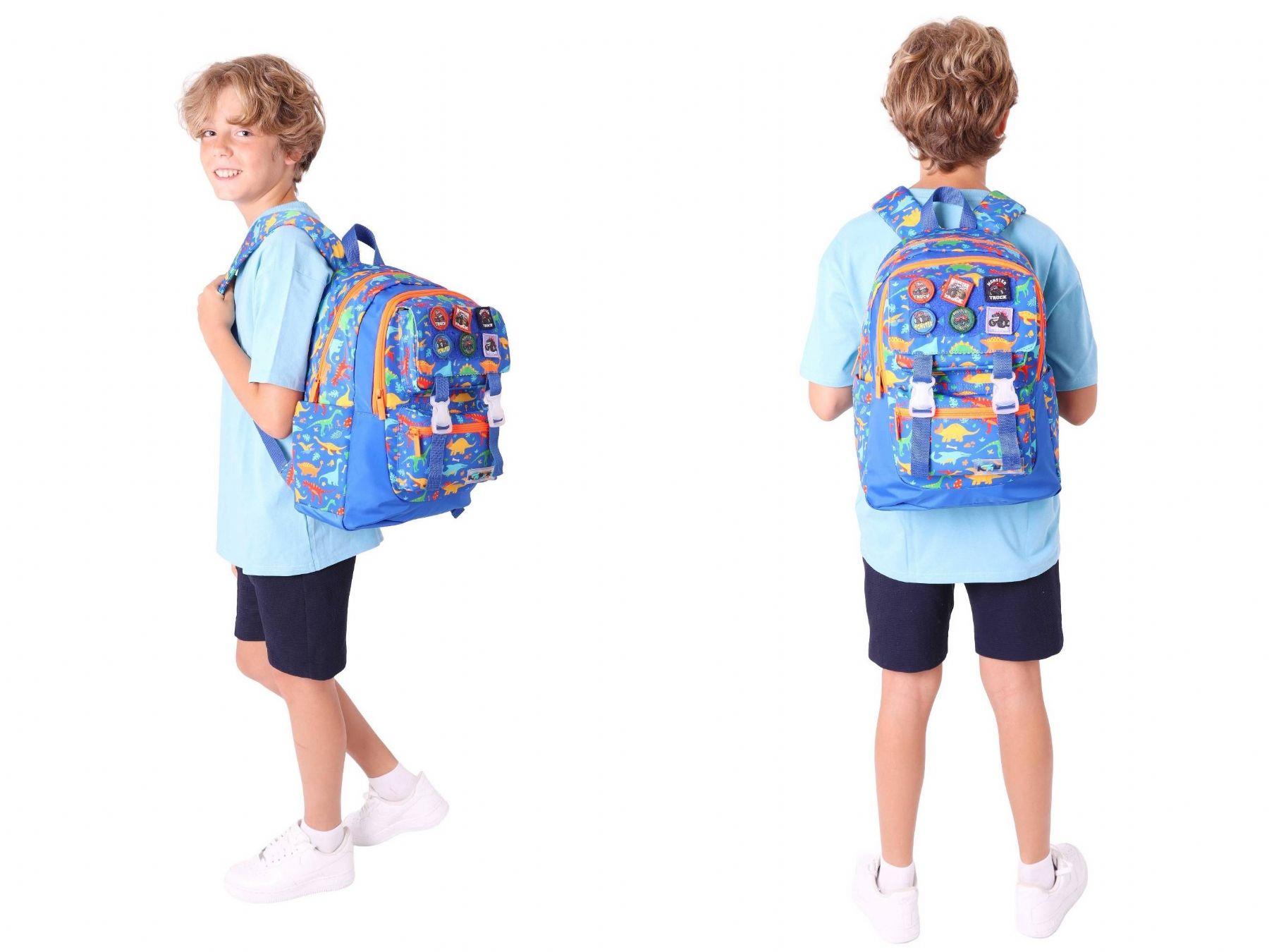 Kaukko L5278+L7278 Erkek Çocuk İkili Okul Çantası ve Beslenme Çantası Seti - Mavi - Armalı Dinazor Desenli