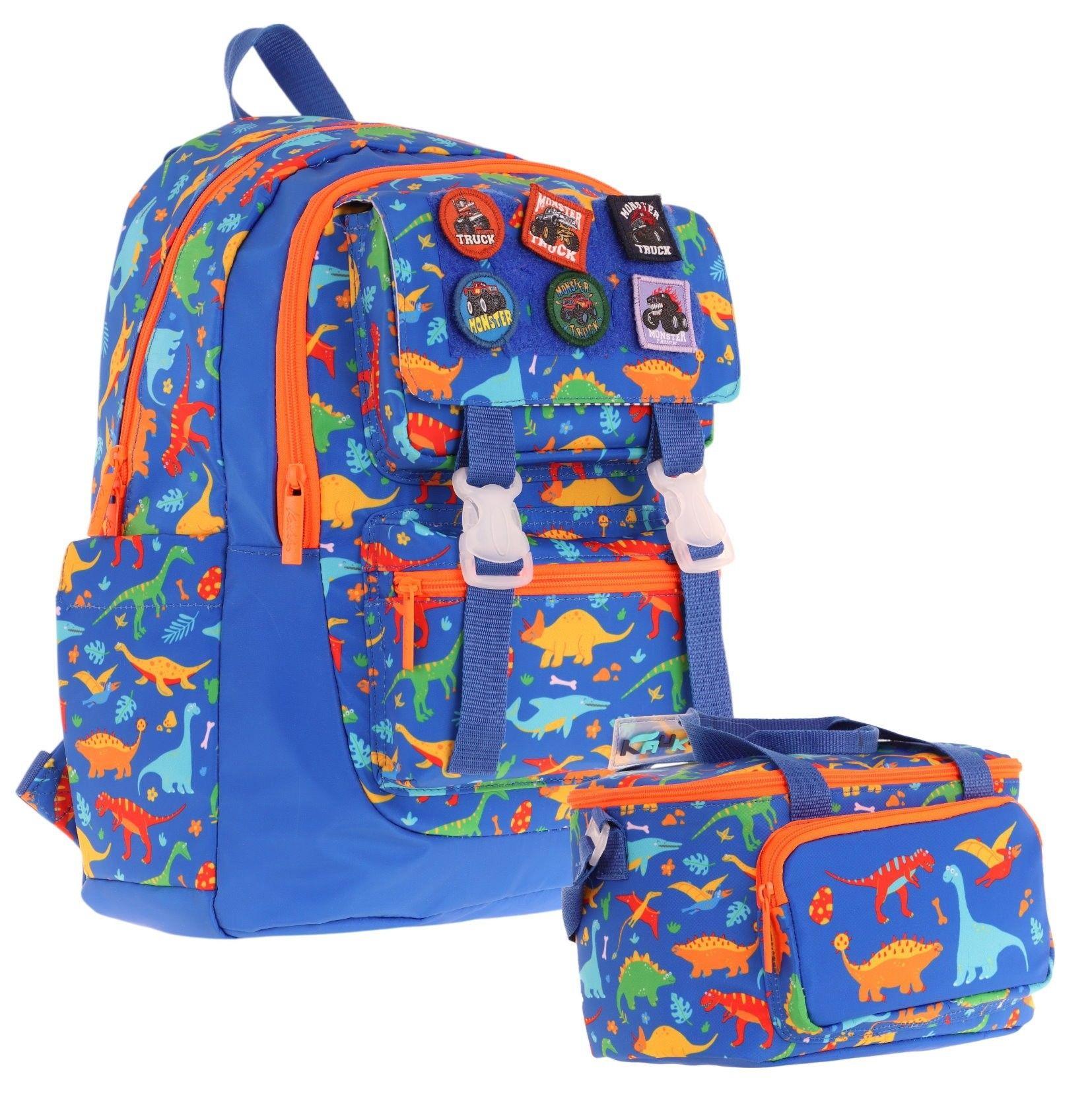 Kaukko L5278+L7278 Erkek Çocuk İkili Okul Çantası ve Beslenme Çantası Seti - Mavi - Armalı Dinazor Desenli
