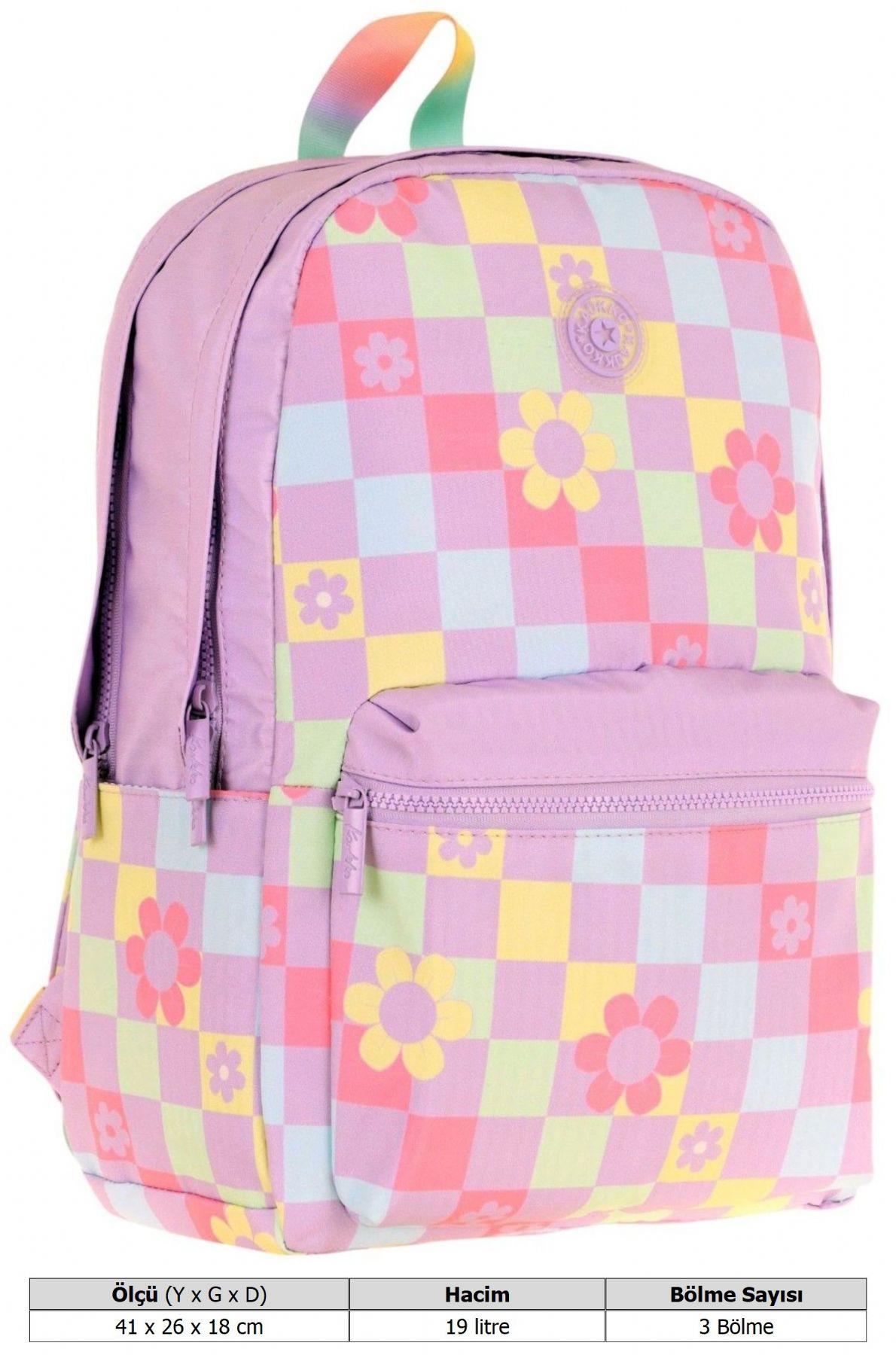 Kaukko Nature Kız Çocuk Üç Bölmeli Mor Pembe Papatya ve Kare Desenli Okul Sırt Çantası - K1786