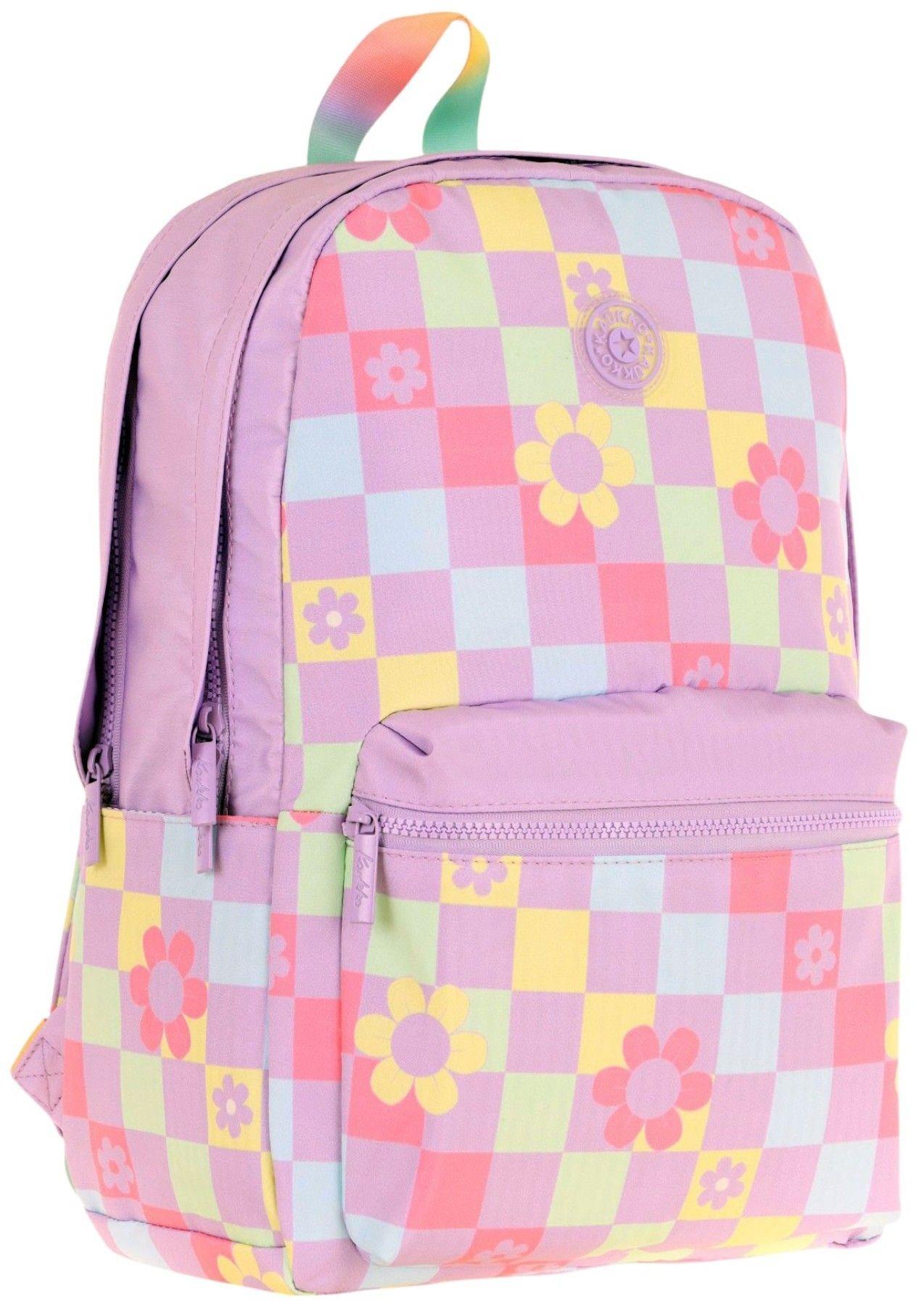 Kaukko Nature Kız Çocuk Üç Bölmeli Mor Pembe Papatya ve Kare Desenli Okul Sırt Çantası - K1786