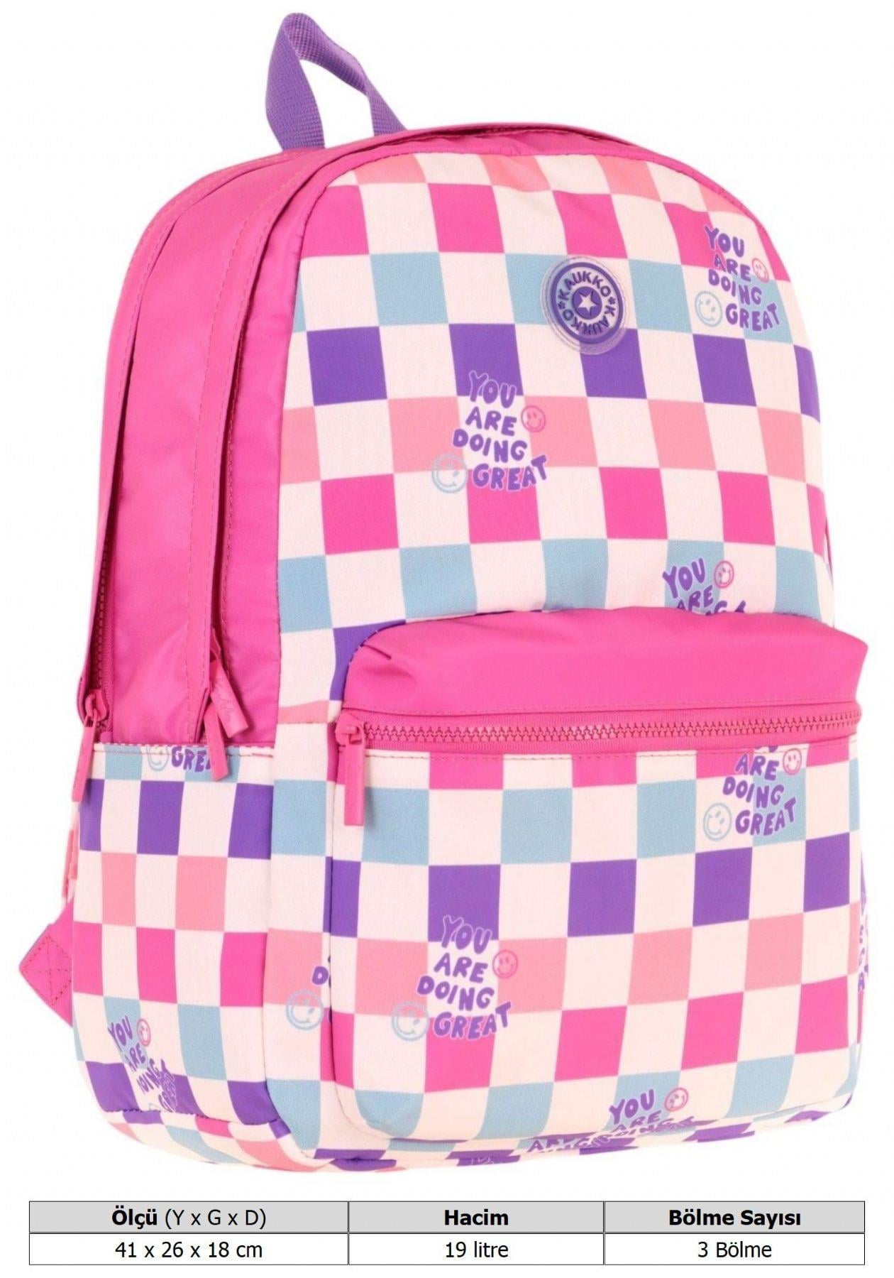 Kaukko Nature Kız Çocuk Üç Bölmeli Pembe Dama Desenli Okul Sırt Çantası - K1787