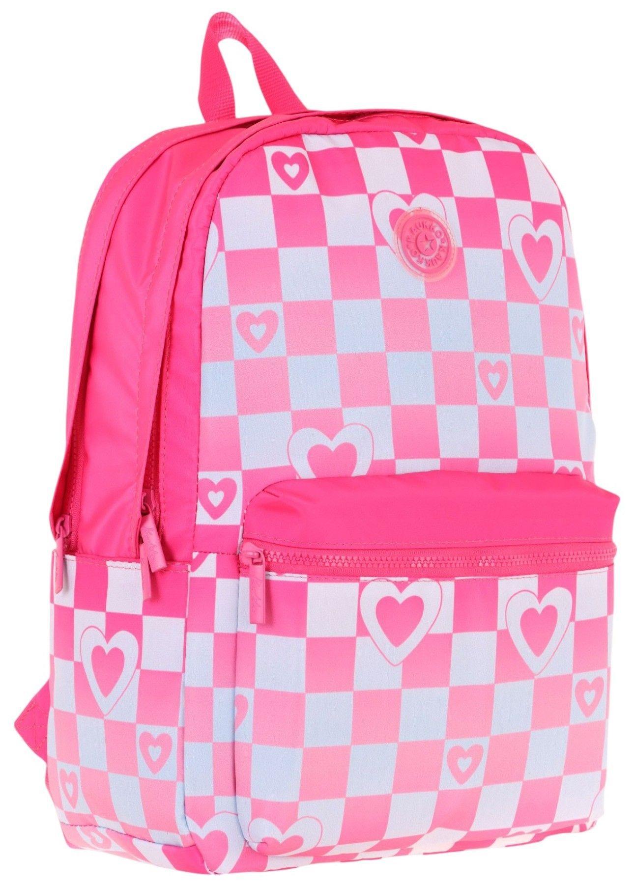 Kaukko Nature Kız Çocuk Üç Bölmeli Pembe Dama ve Kalp Desenli Okul Sırt Çantası - K1788