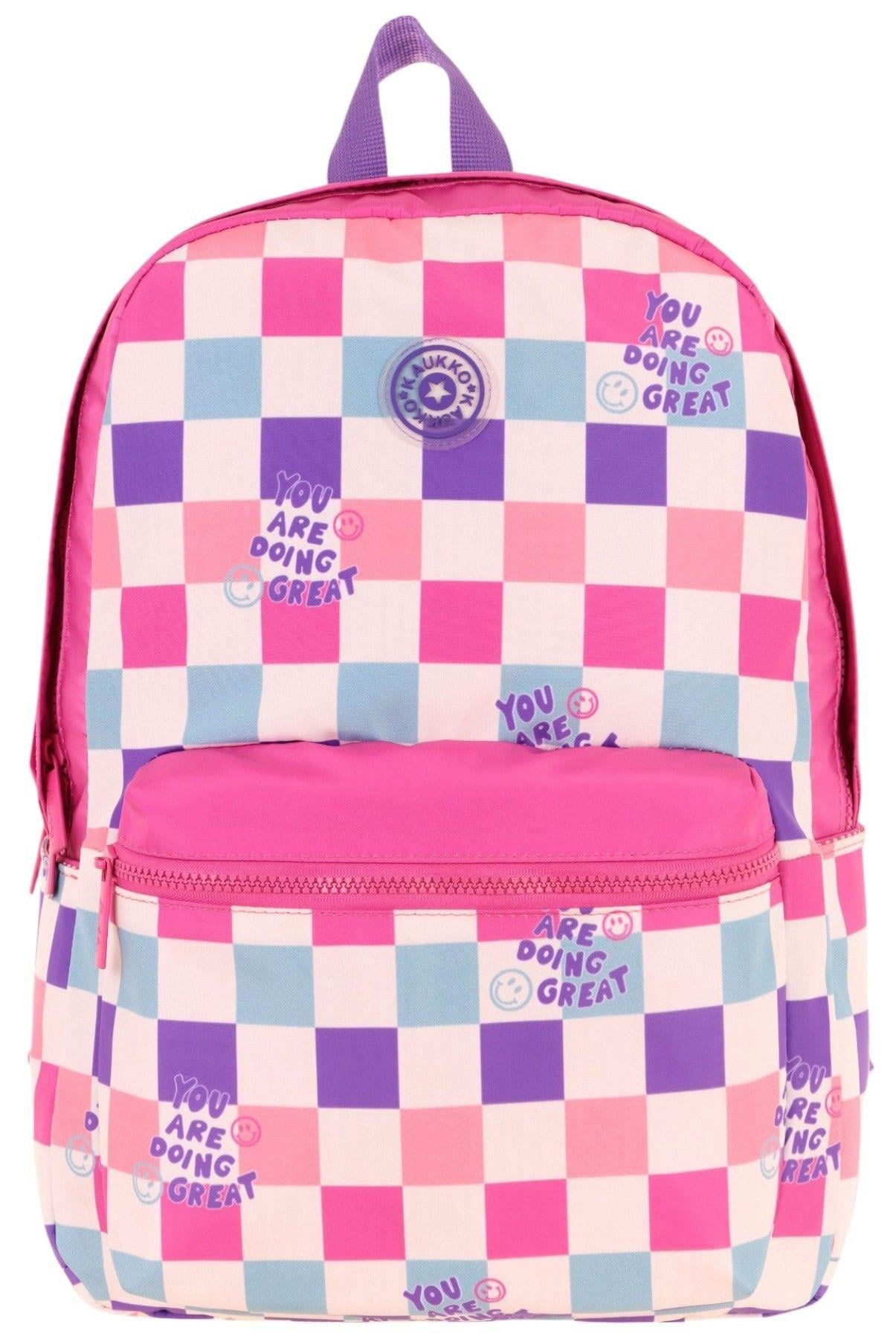 Kaukko Nature Kız Çocuk Üç Bölmeli Pembe Dama Desenli Okul Sırt Çantası - K1787