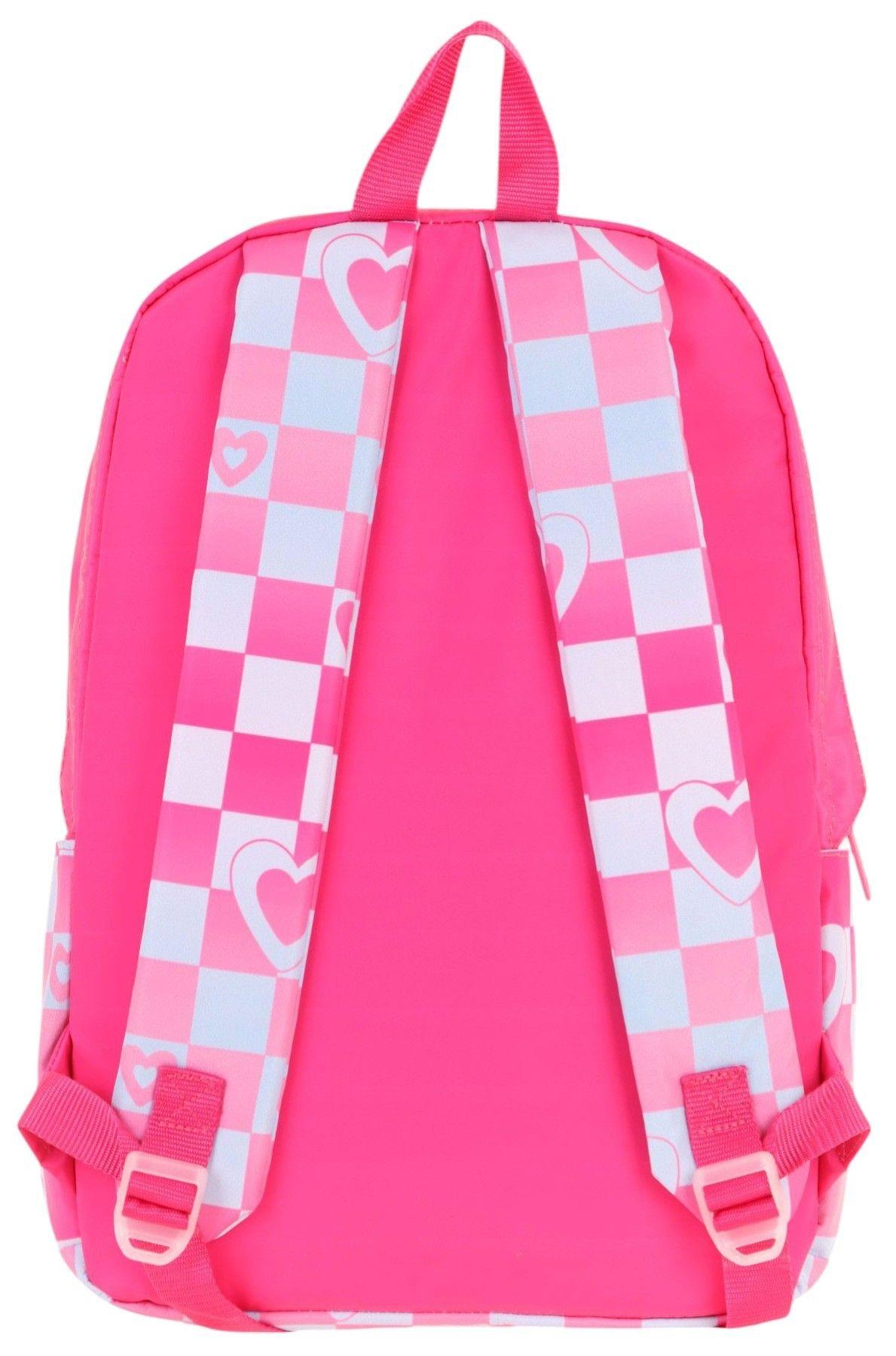 Kaukko Nature Kız Çocuk Üç Bölmeli Pembe Dama ve Kalp Desenli Okul Sırt Çantası - K1788