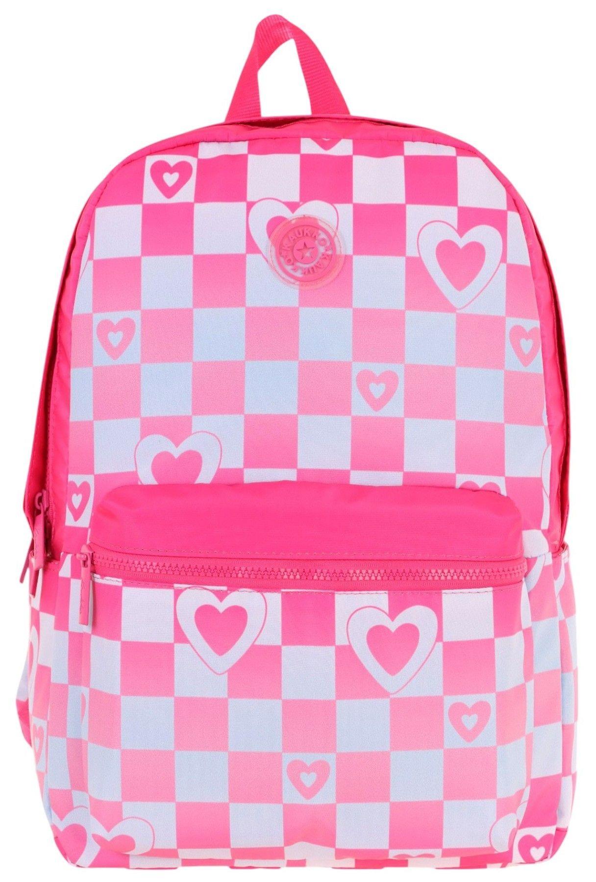 Kaukko Nature Kız Çocuk Üç Bölmeli Pembe Dama ve Kalp Desenli Okul Sırt Çantası - K1788