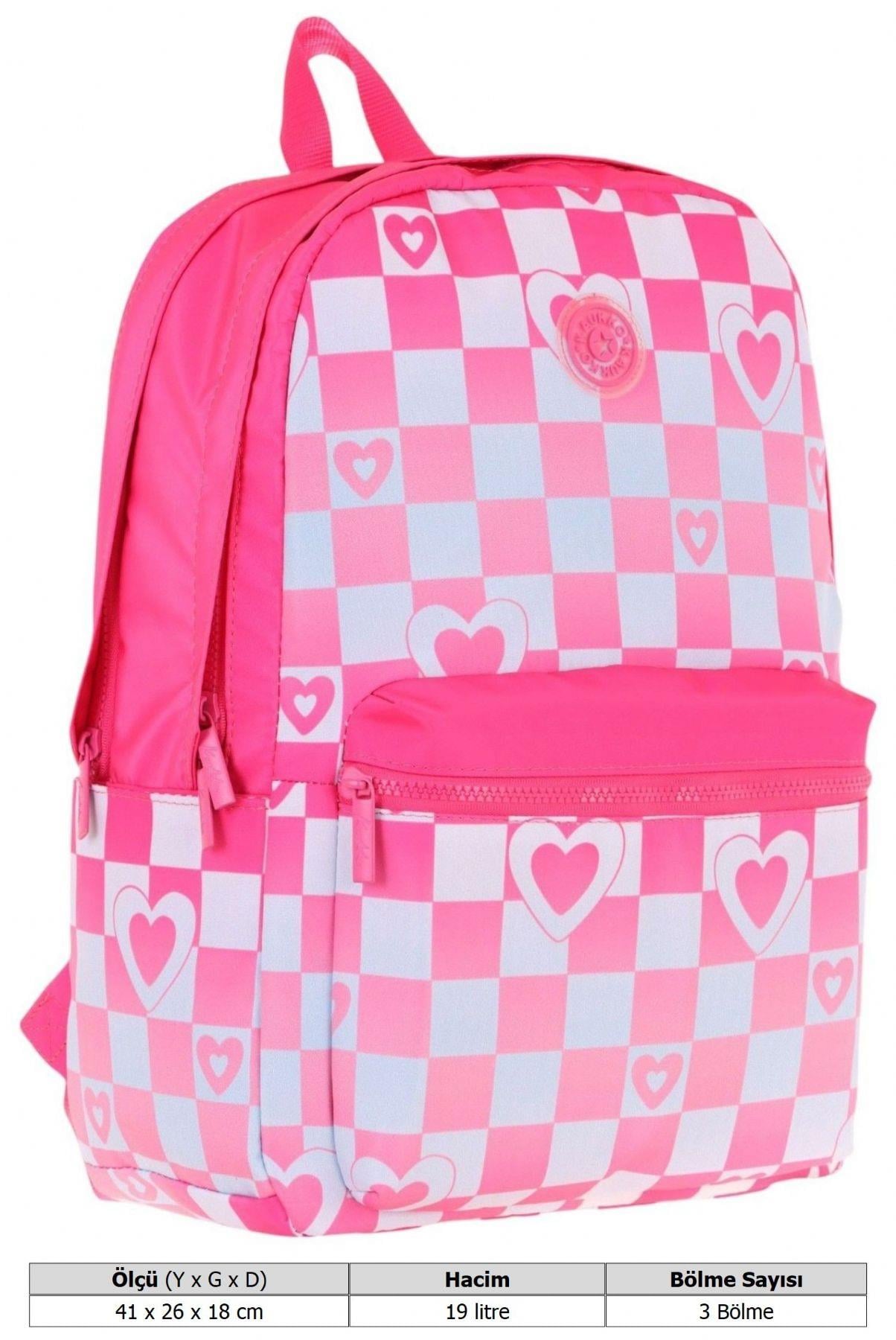 Kaukko Nature Kız Çocuk Üç Bölmeli Pembe Dama ve Kalp Desenli Okul Sırt Çantası - K1788