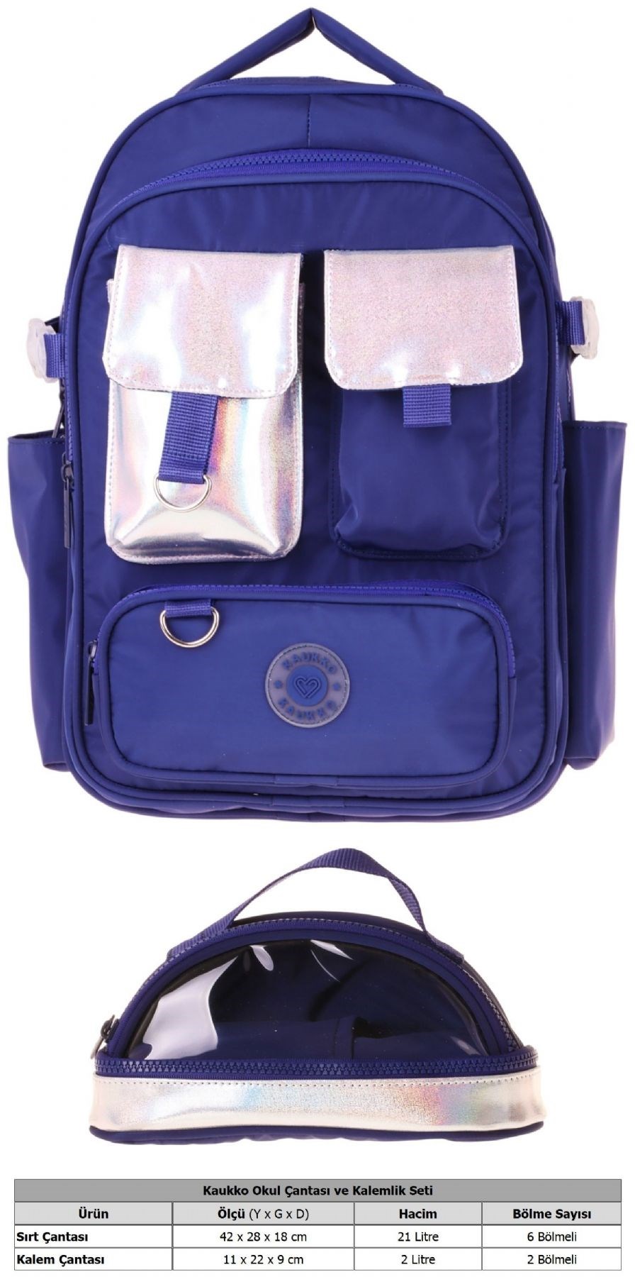 Kaukko Navy Blue Silver Kız Çocuk Lacivert - Gümüş Okul Sırt Çantası ve Kalem Çantası Seti - SETKK-K1861C
