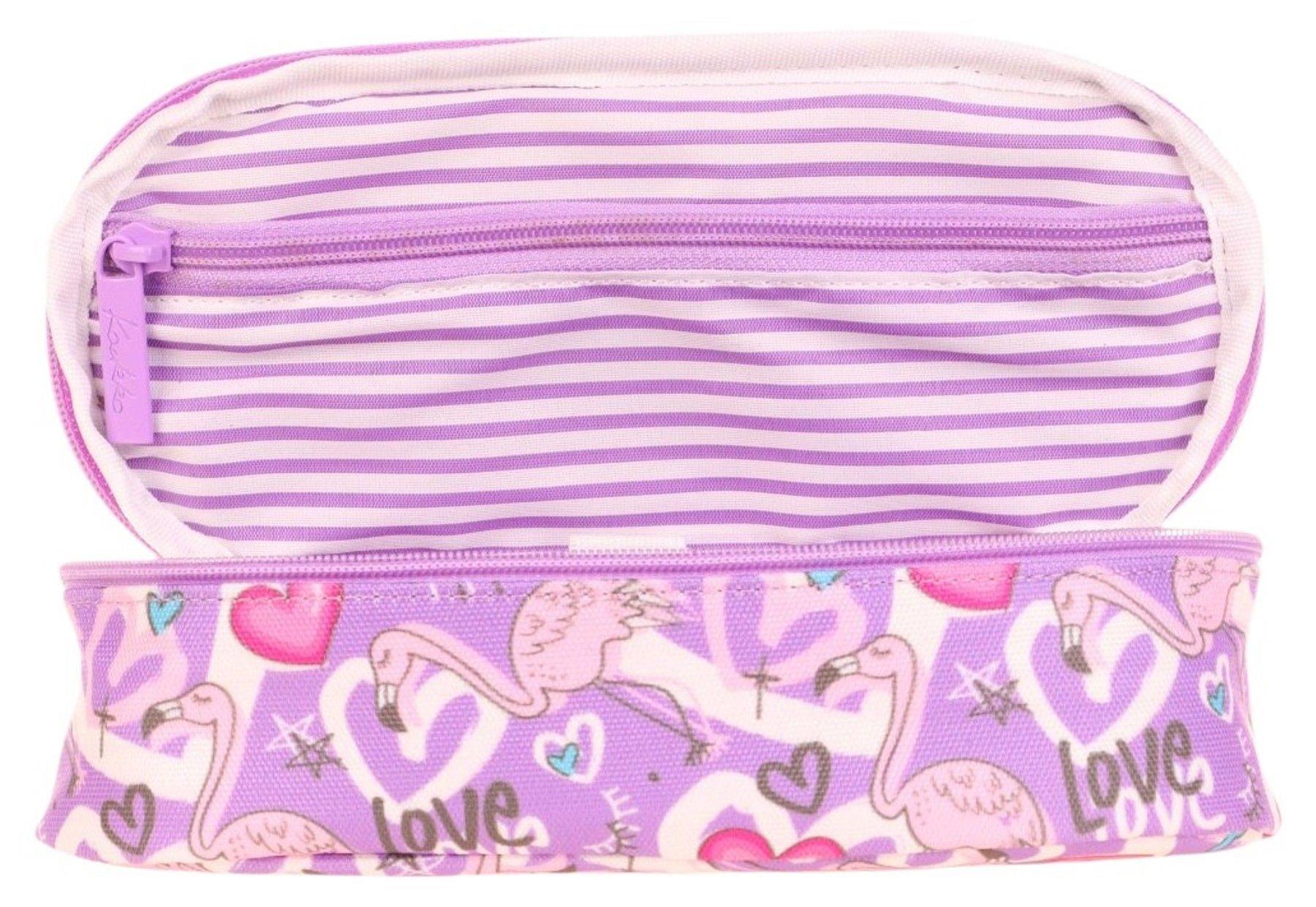 Kaukko Özel Bölmeli Organizer Kalemlik - Mor - Flamingo ve Kalp Desenli - Kız Çocuk - K2629