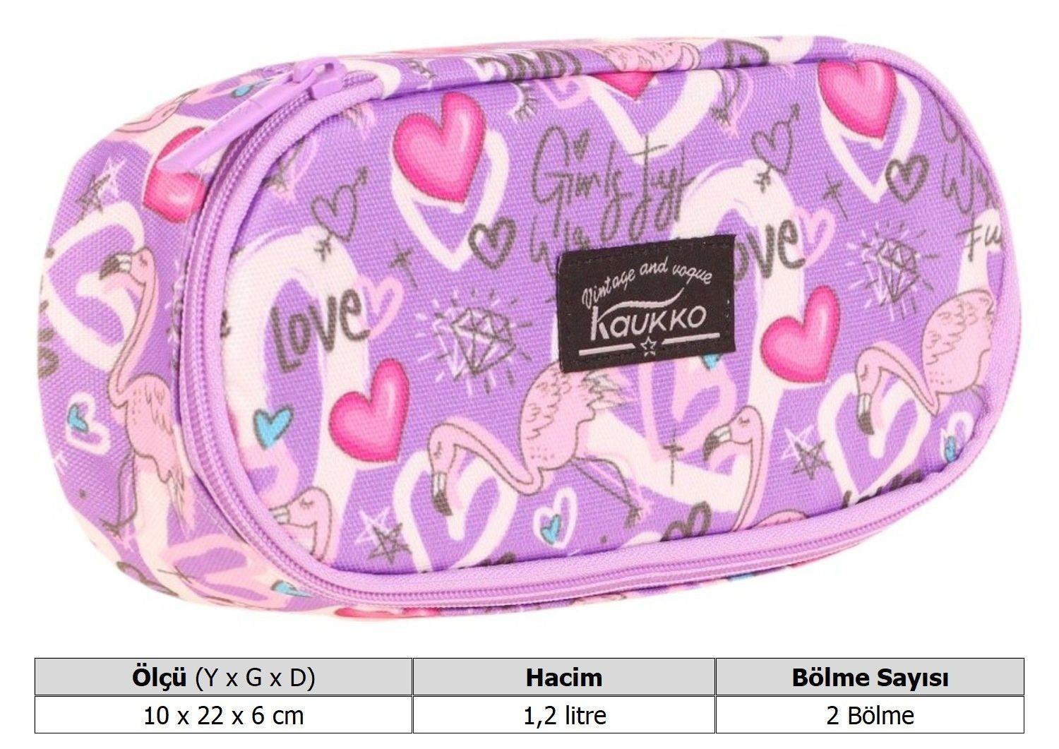 Kaukko Özel Bölmeli Organizer Kalemlik - Mor - Flamingo ve Kalp Desenli - Kız Çocuk - K2629