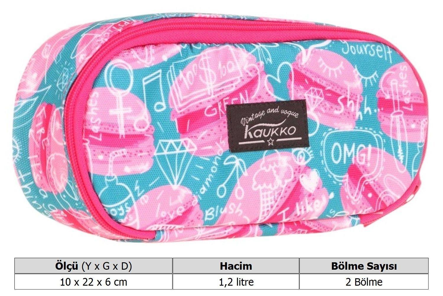 Kaukko Özel Bölmeli Organizer Kalemlik - Pembe Yeşil - Makaron Desenli - Kız Çocuk - K2628