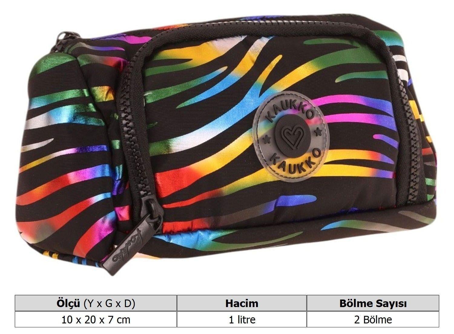Kaukko Plump İki Bölmeli Siyah Çok Renkli Zebra Desenli Kız Çocuk Kalem Çantası/Kalemlik - K2691