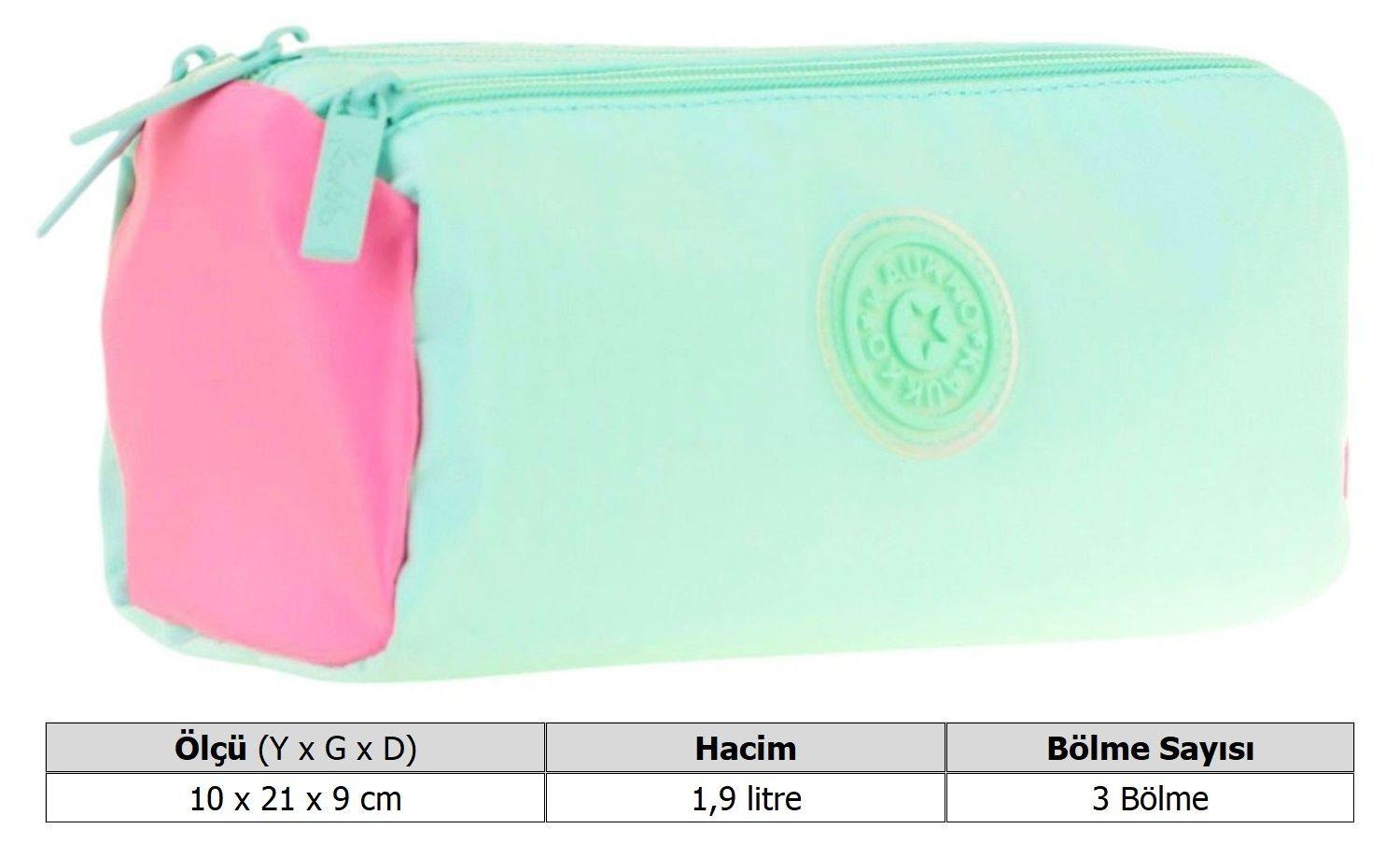 Kaukko Quick Üç Bölmeli Su Yeşili Pembe Kalem Çantası - Kız Çocuk - K2701