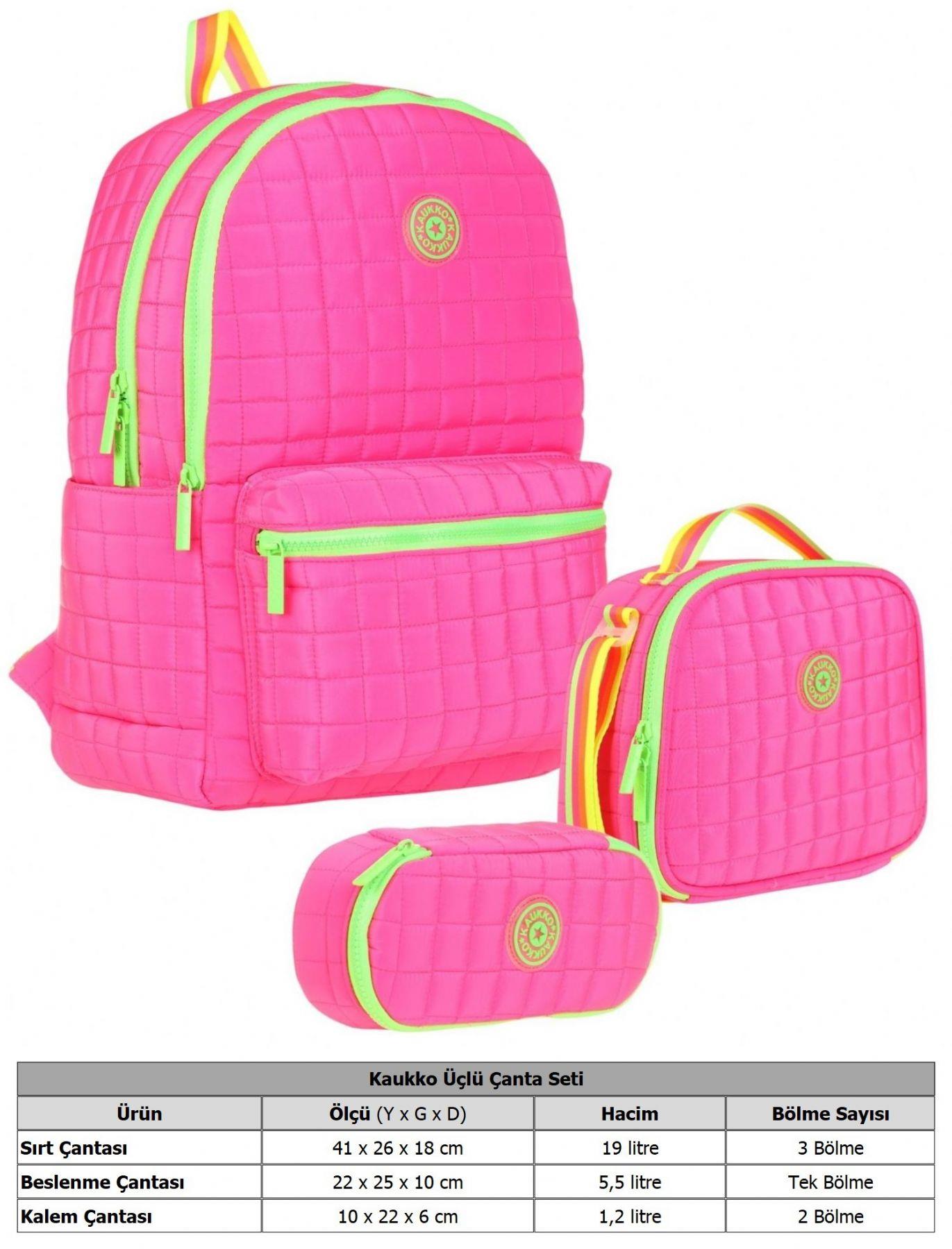 Kaukko Quilted Pembe Yeşil Kapitone Üçlü Okul Çantası Seti - Kız Çocuk