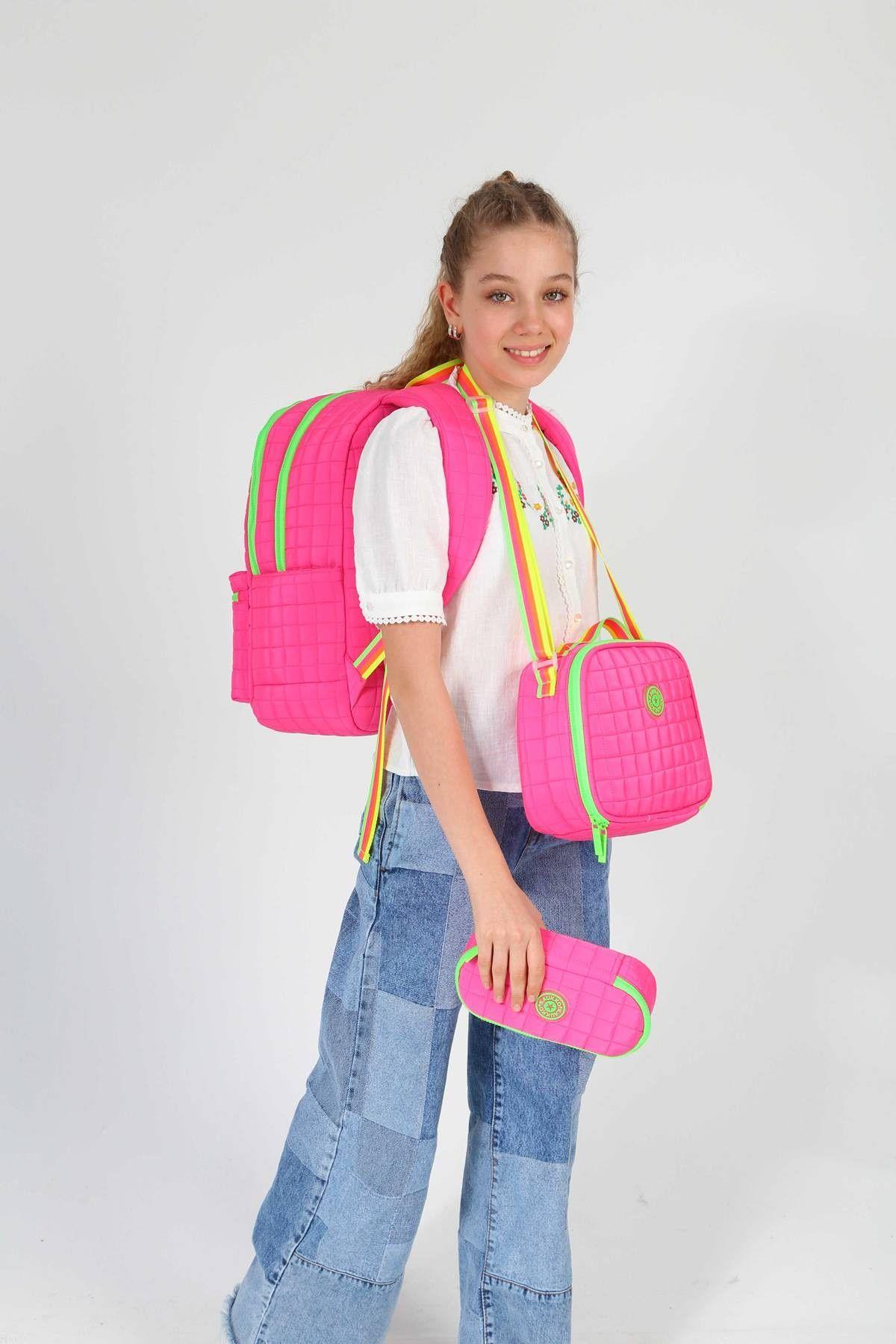 Kaukko Quilted Pembe Yeşil Kapitone Üçlü Okul Çantası Seti - Kız Çocuk