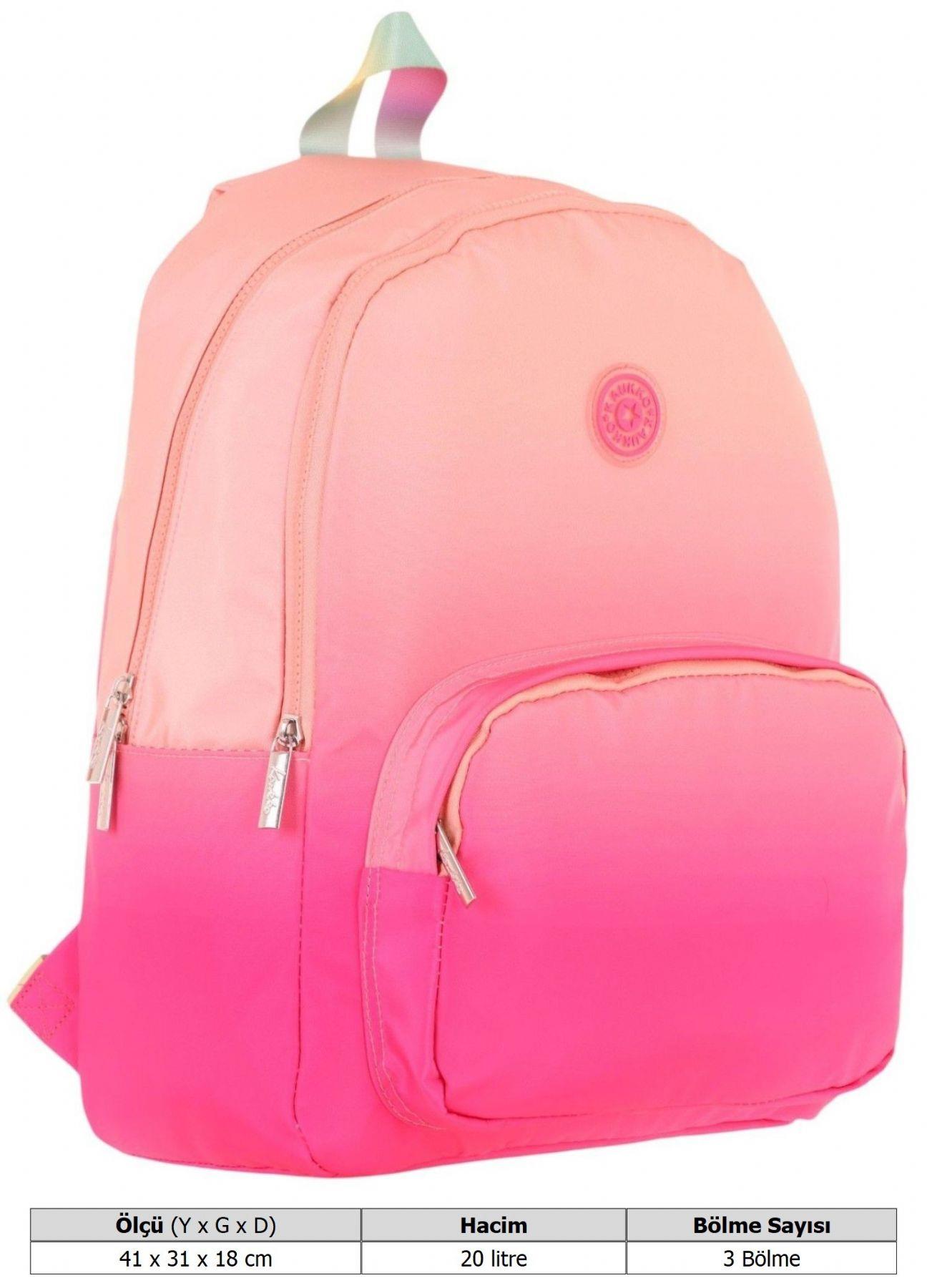Kaukko Rainbow Kız Çocuk Üç Bölmeli İlkokul ve Ortaokul Çantası - Somon Pembe Renk Geçişli - K1800