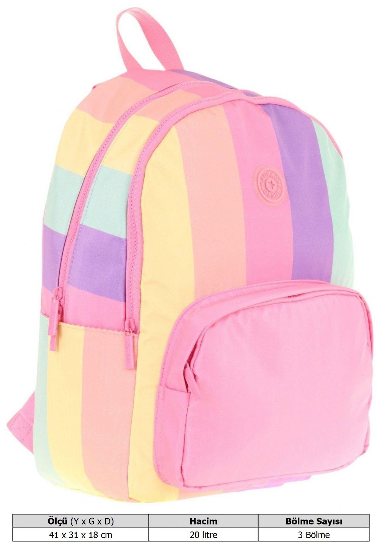 Kaukko Rainbow Kız Çocuk Üç Bölmeli İlkokul ve Ortaokul Çantası - Pembe Çok Renkli Çizgili - K1802