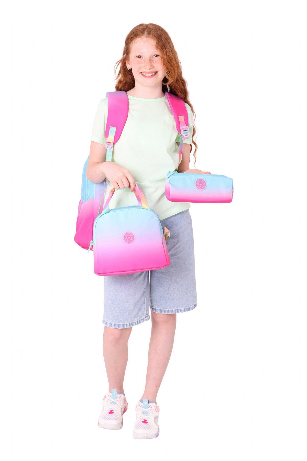 Kaukko Rainbow Mavi Pembe Renk Geçişli Kız Çocuk Üçlü İlkokul ve Ortaokul Çanta Seti