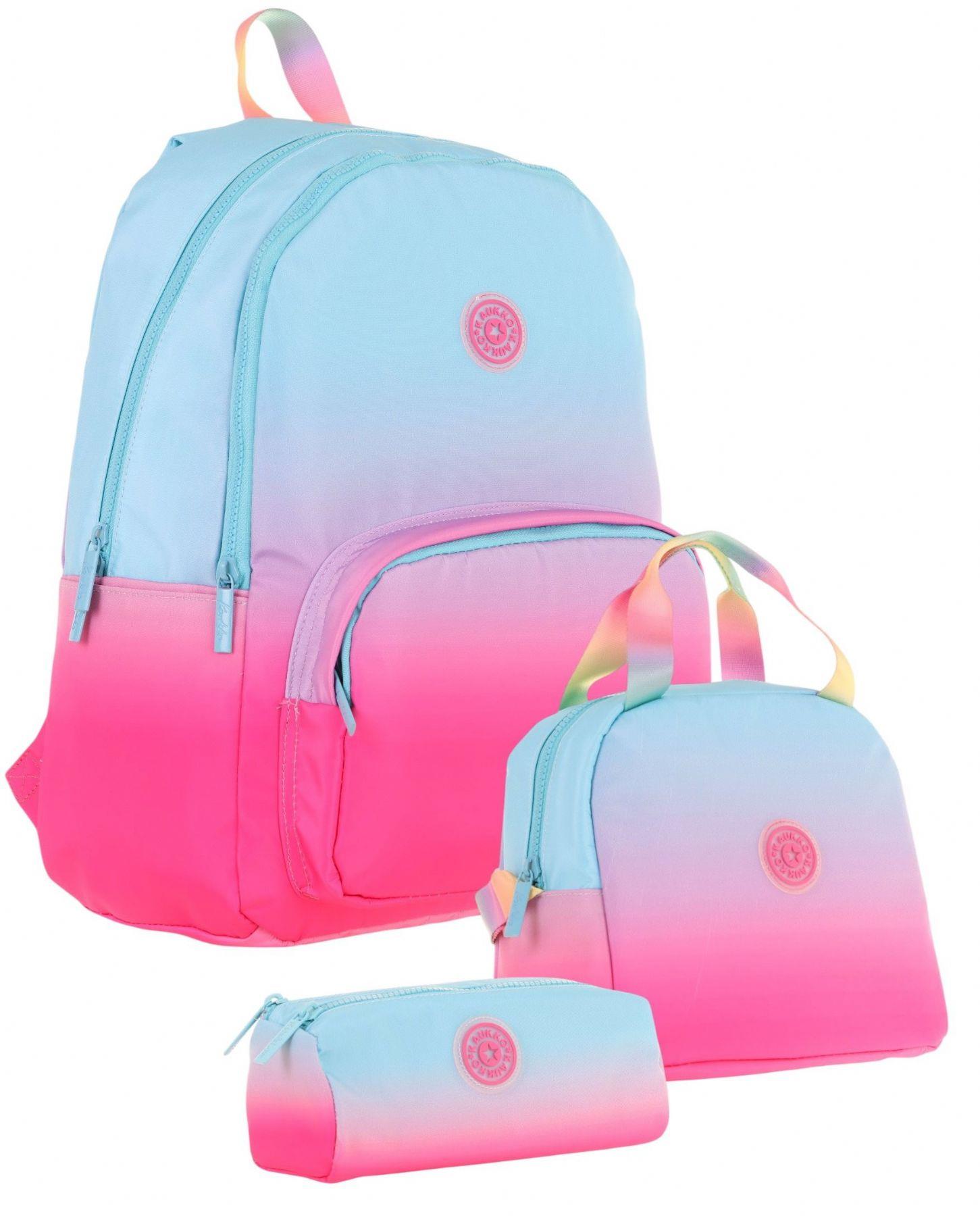 Kaukko Rainbow Mavi Pembe Renk Geçişli Kız Çocuk Üçlü İlkokul ve Ortaokul Çanta Seti