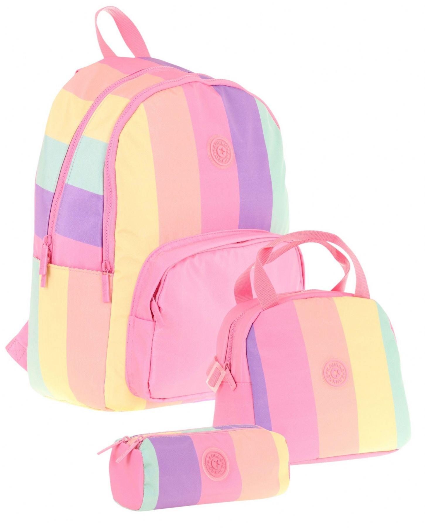 Kaukko Rainbow Pembe Çok Renkli Çizgili Kız Çocuk Üçlü İlkokul ve Ortaokul Çanta Seti