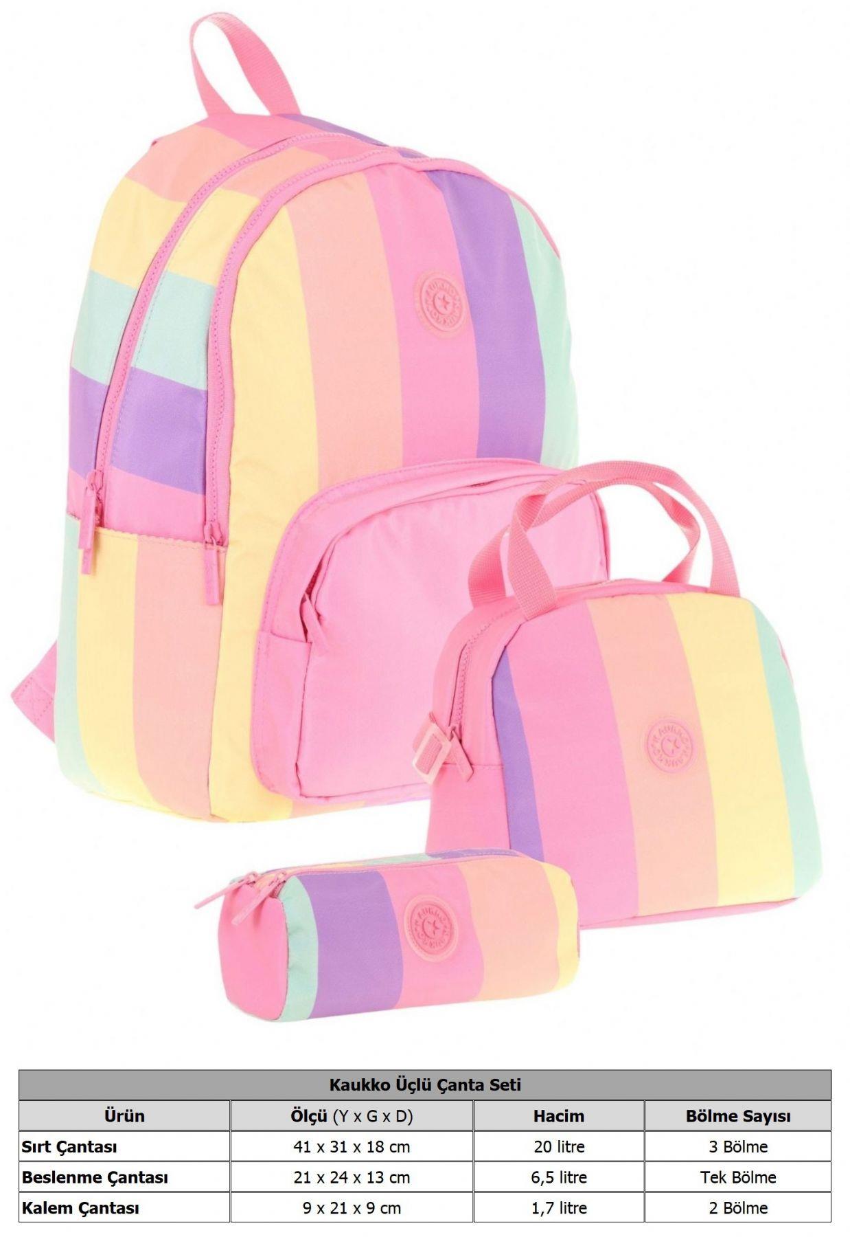 Kaukko Rainbow Pembe Çok Renkli Çizgili Kız Çocuk Üçlü İlkokul ve Ortaokul Çanta Seti
