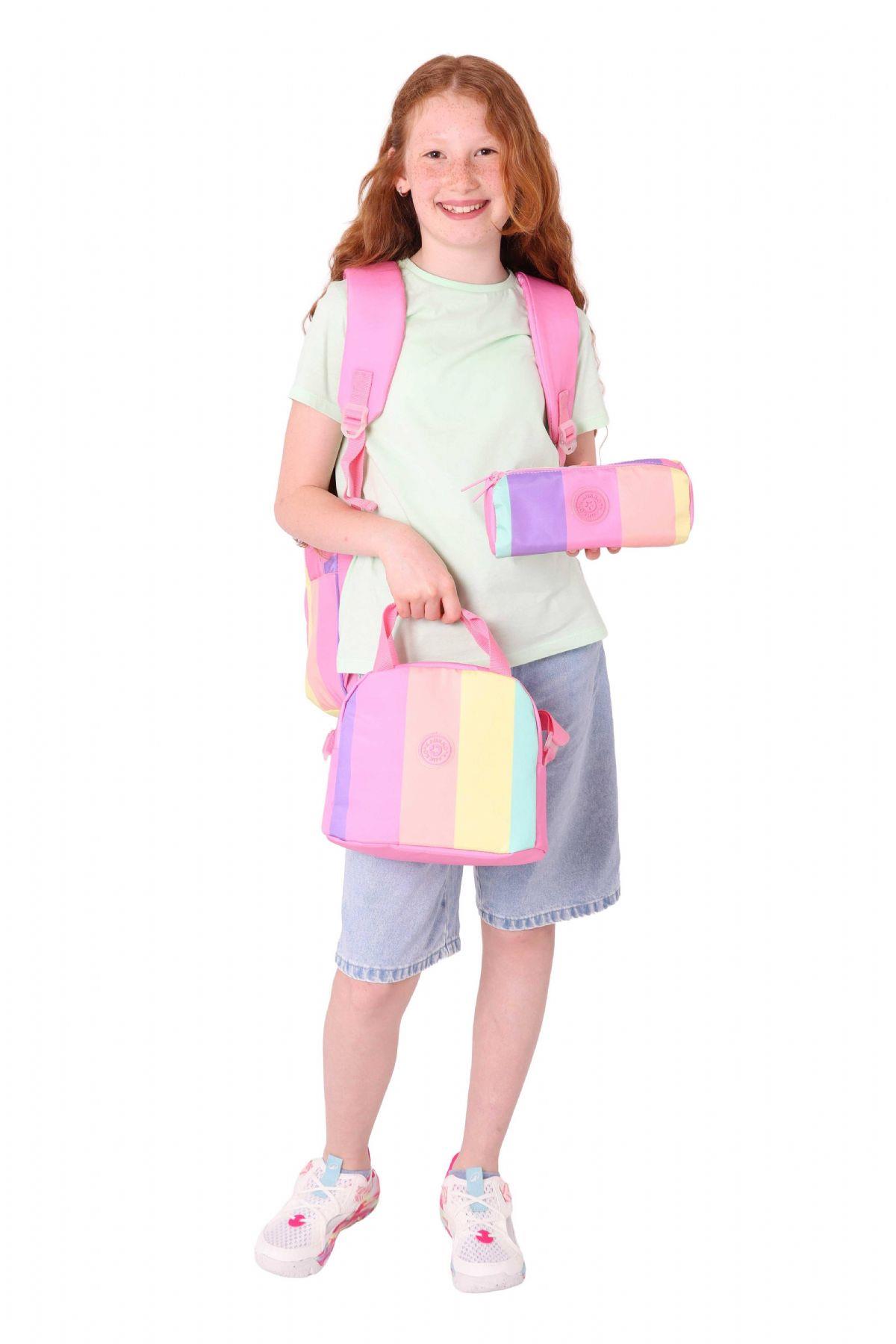 Kaukko Rainbow Pembe Çok Renkli Çizgili Kız Çocuk Üçlü İlkokul ve Ortaokul Çanta Seti