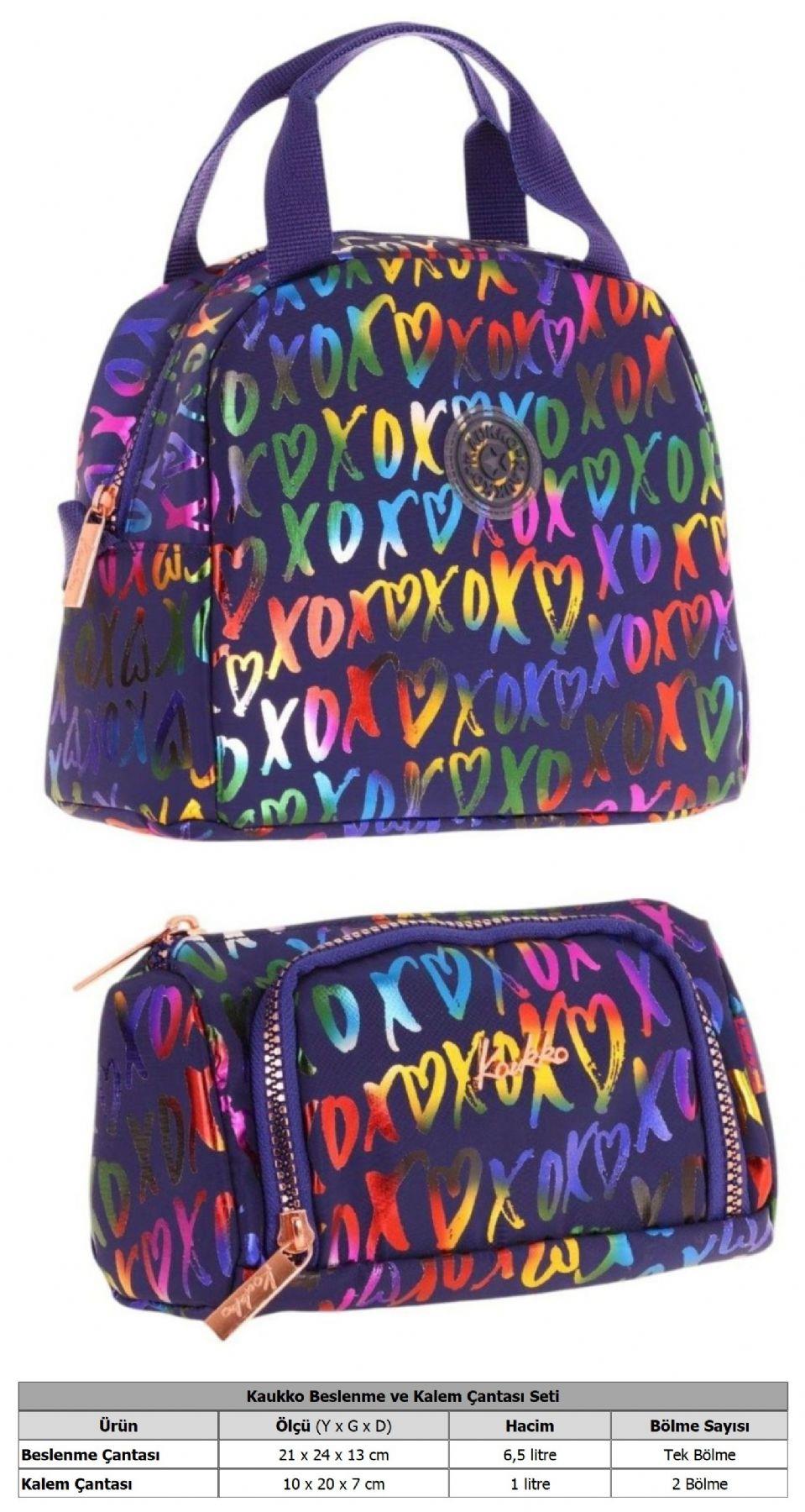 Kaukko Shine XOXO Desenli Lacivert Kız Çocuk Beslenme Çantası ve Kalem Çantası Seti