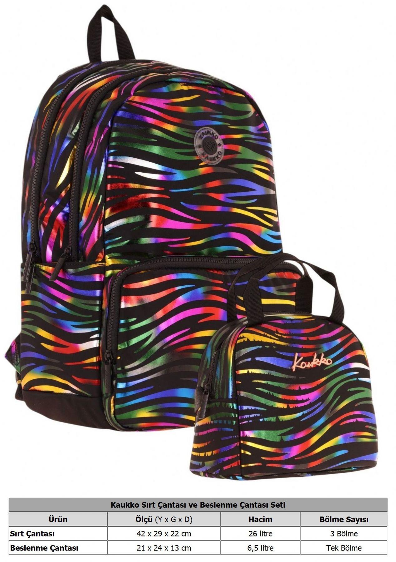 Kaukko Shine Zebra Desenli Siyah Çok Renkli Kız Çocuk Okul Sırt Çantası ve Beslenme Çantası Seti
